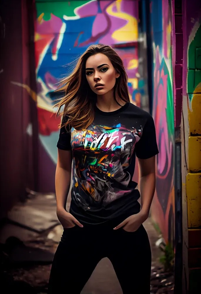 Woman standing in front of a wall with graffiti on it.