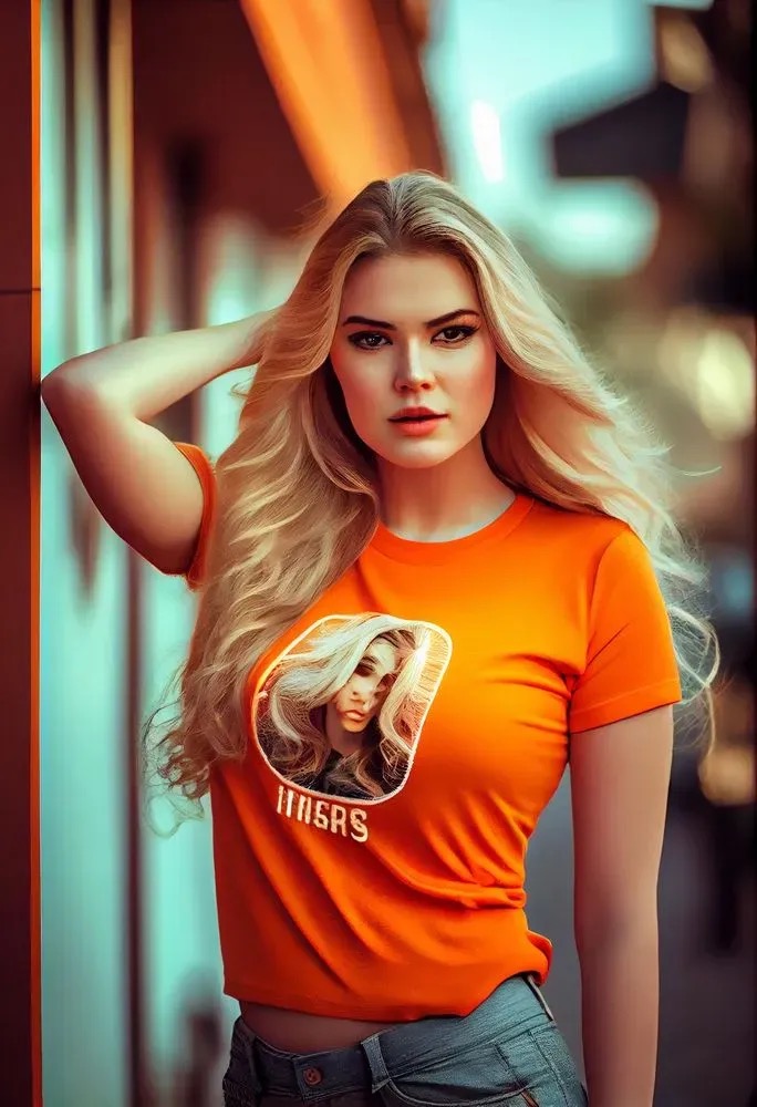 Woman in an orange shirt posing for a picture.