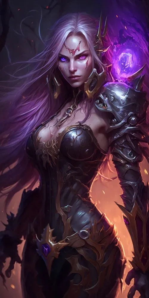 Woman in armor holding a purple ball.