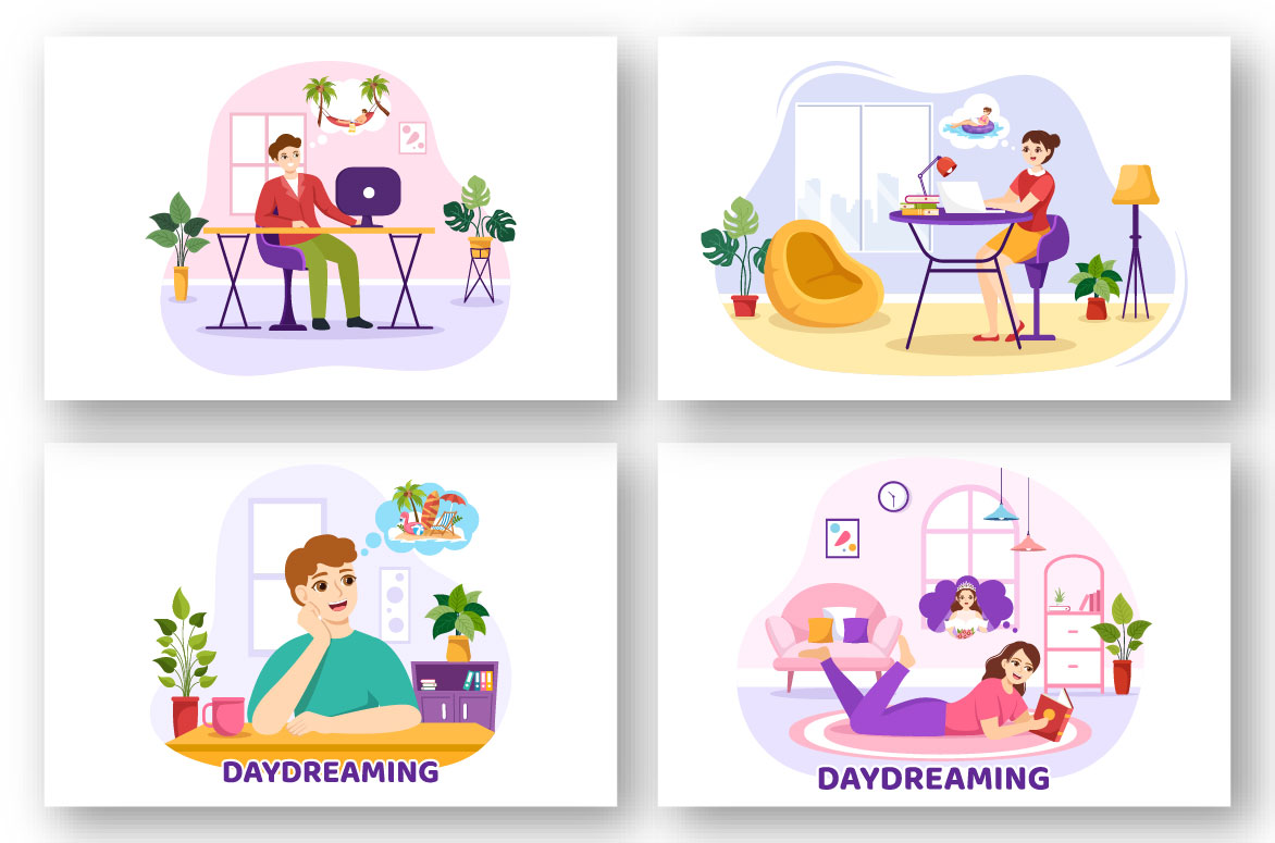 Four different illustrations of people working on computers.