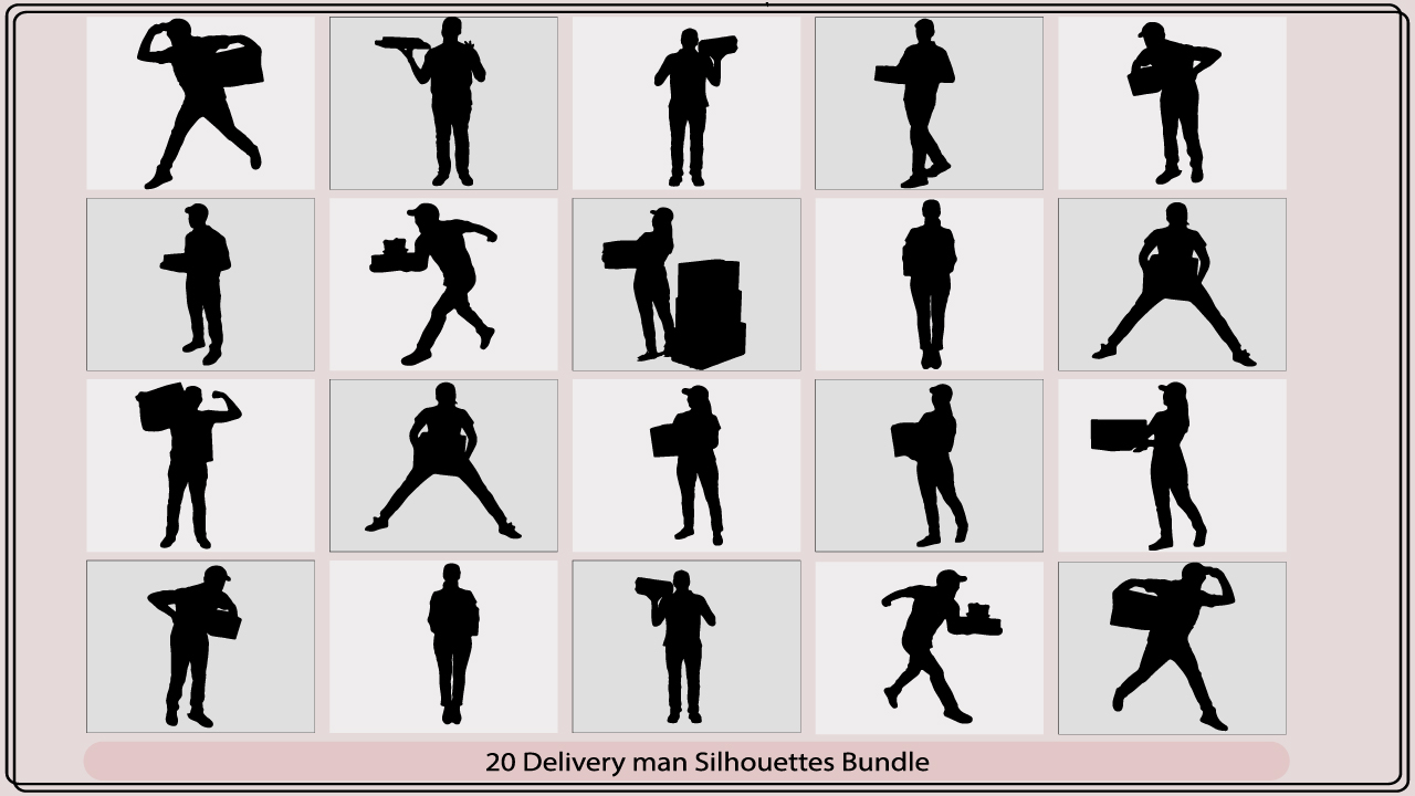 Silhouettes of people carrying boxes and backpacks.