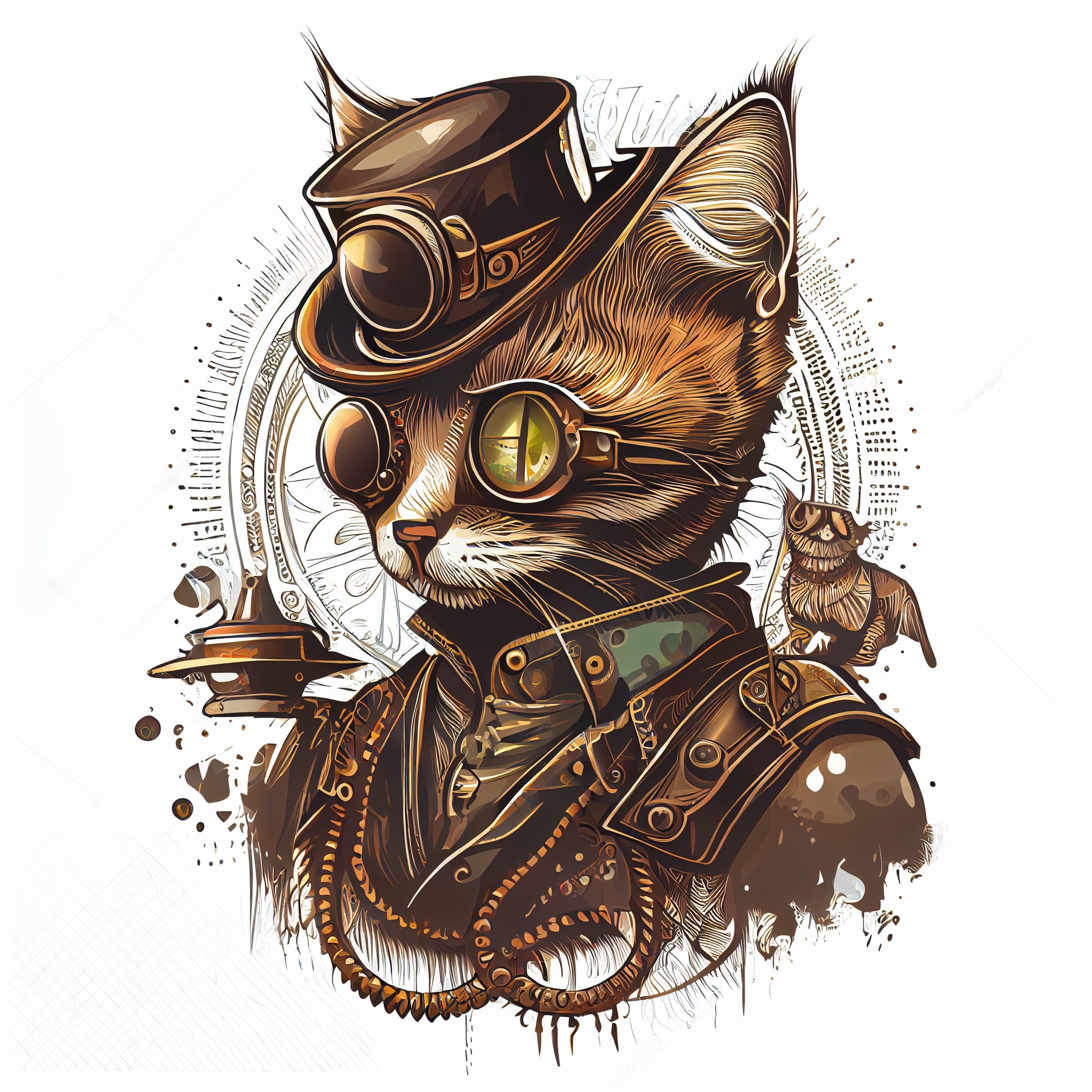 Drawing of a cat wearing a steampunk outfit.