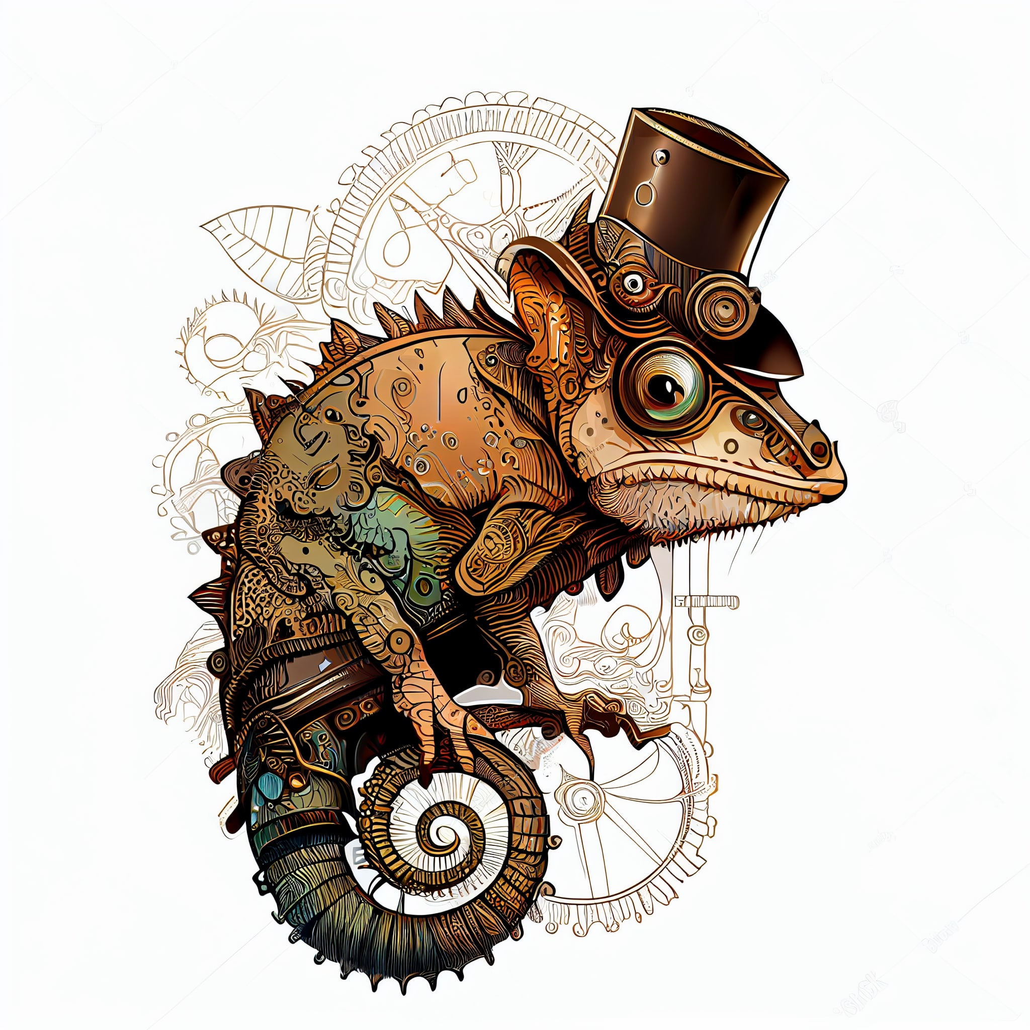 Chamelon with a top hat and steampunk.