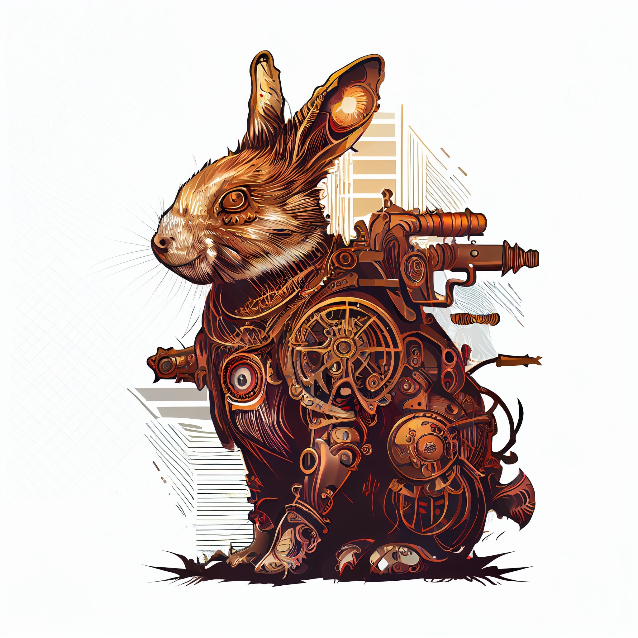 Drawing of a rabbit with a machine gun.