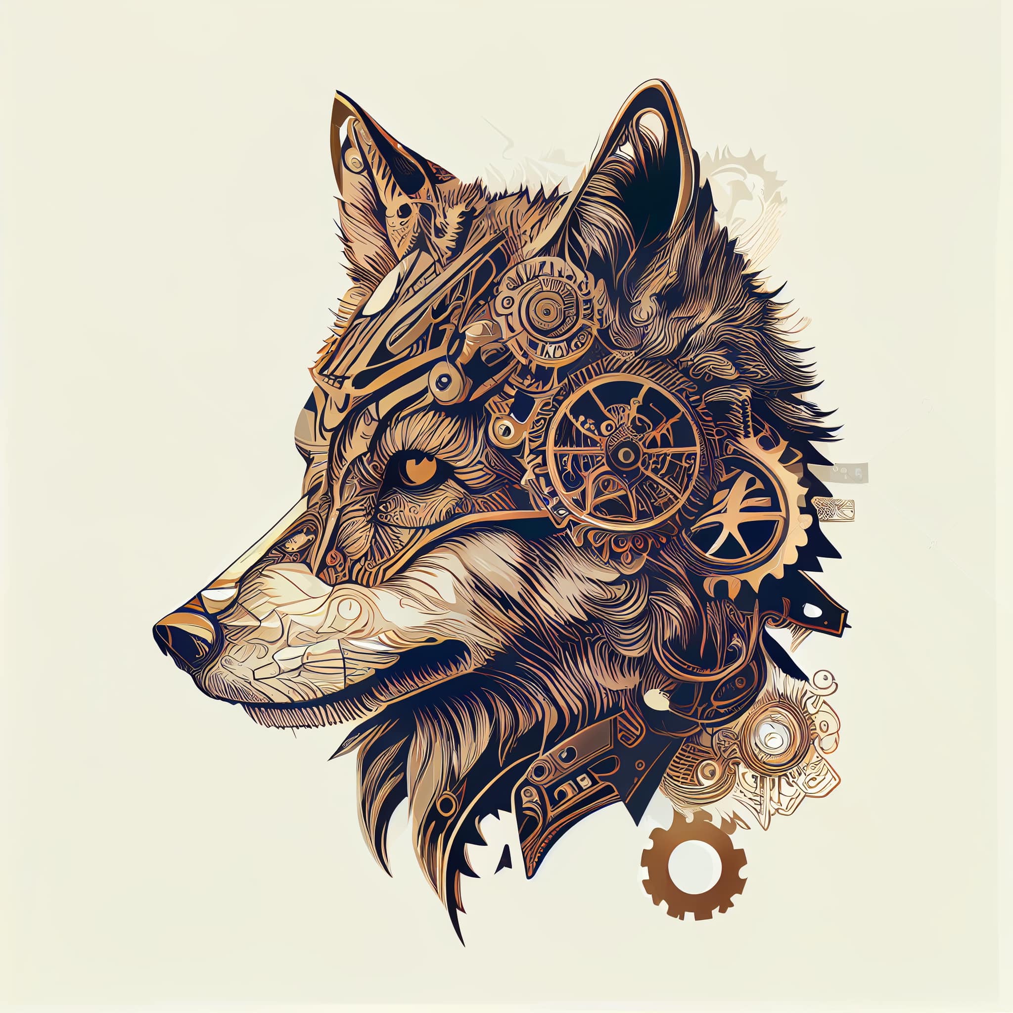 Drawing of a wolf with gears on it's head.