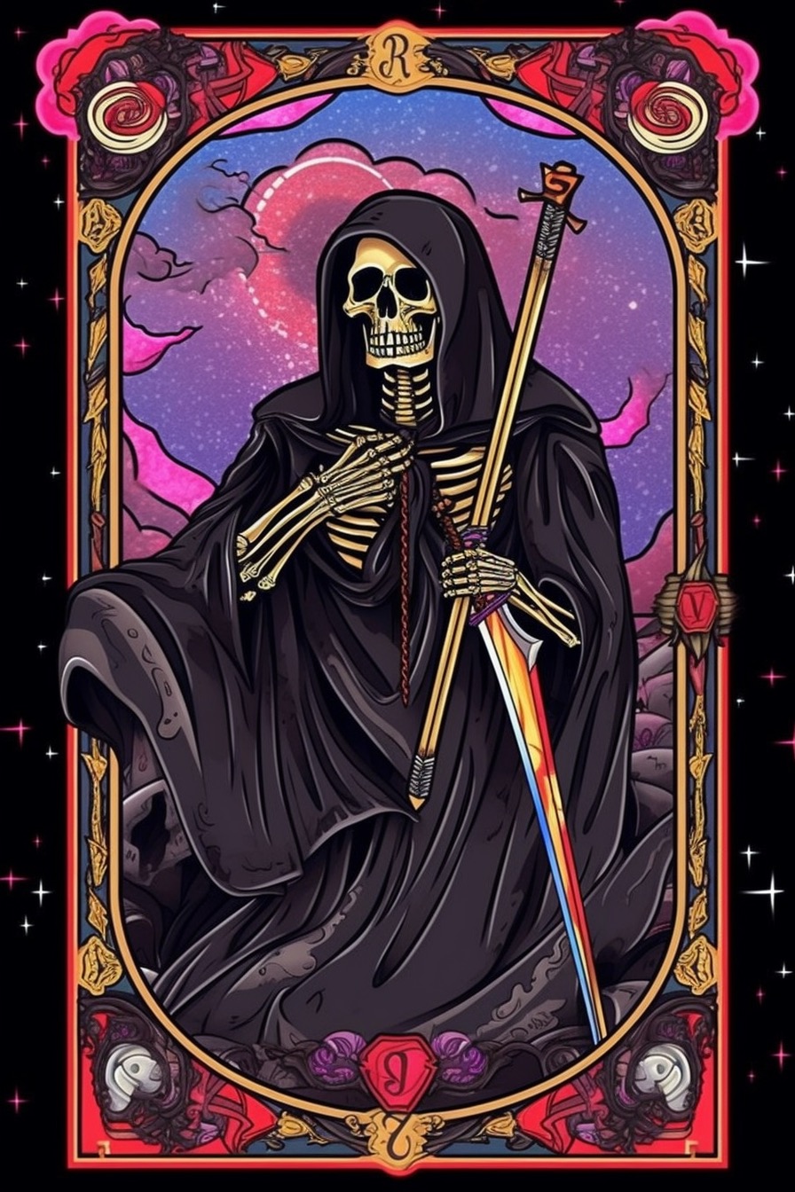 Skeleton in a black robe holding a sword.
