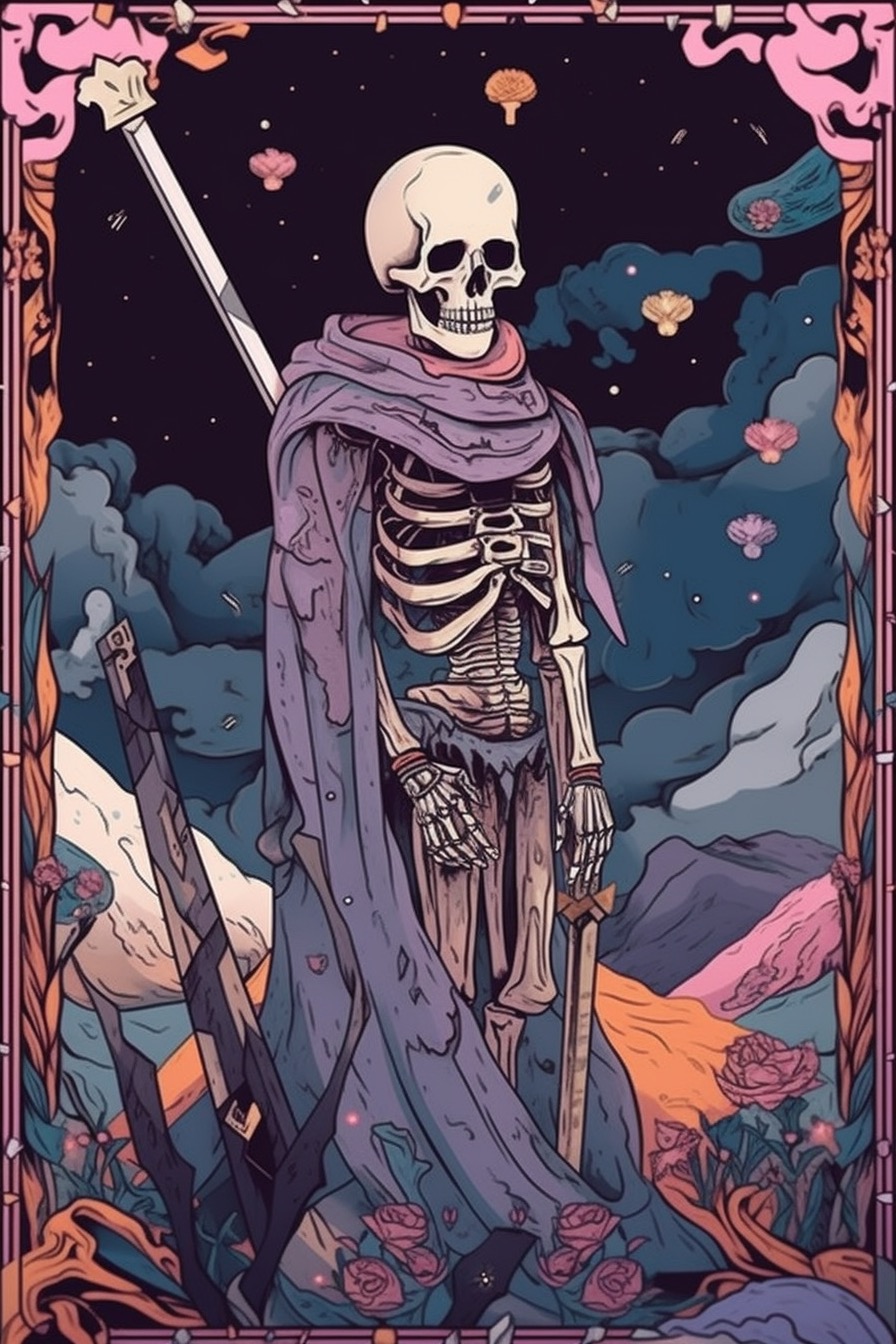 Skeleton with a sword standing in the middle of a field.