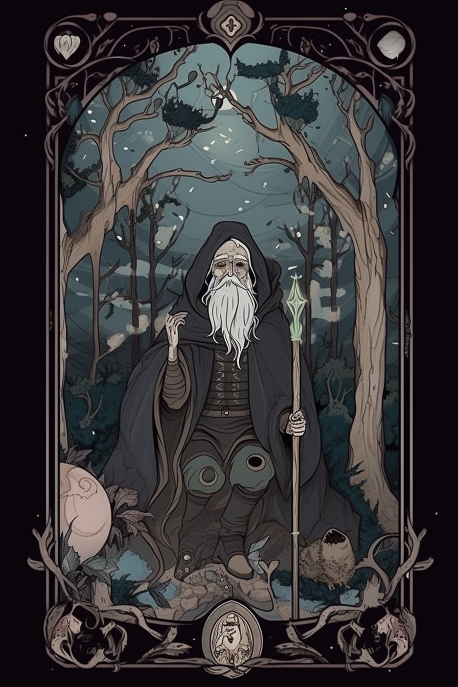 Wizard sitting in the woods with a staff.