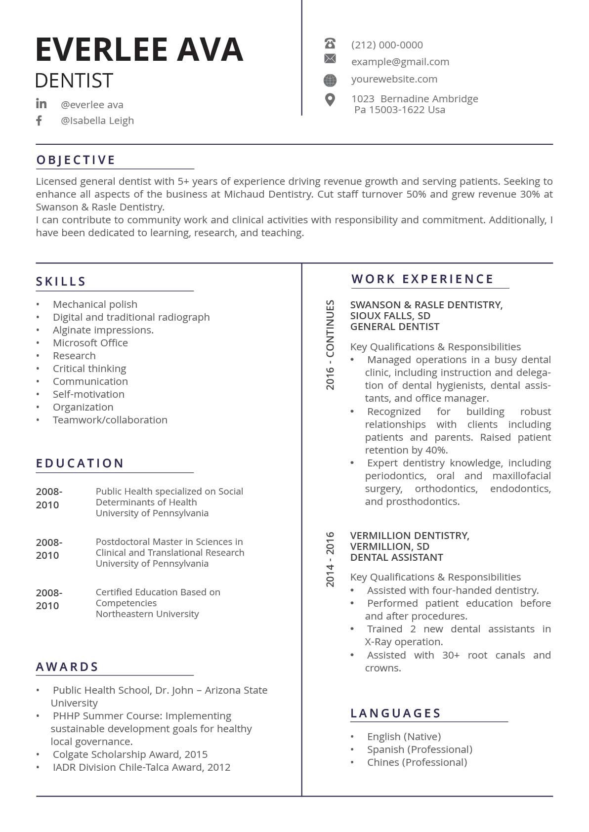 Professional resume for a dental assistant.
