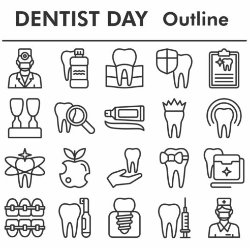 Dentist Day icons set, outline style cover image.