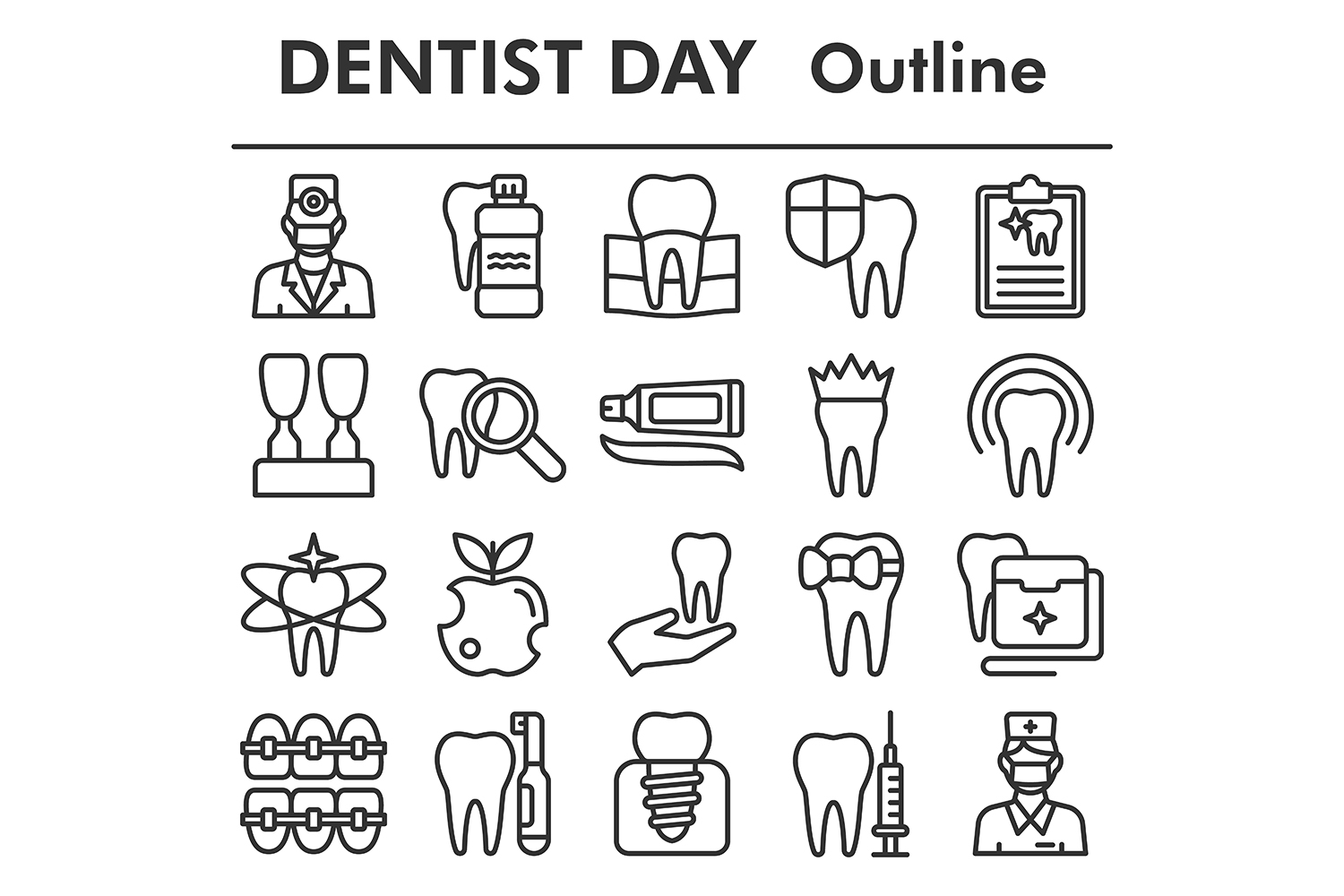 Dentist Day icons set, outline style pinterest preview image.