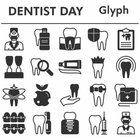 Dentist Day icons set, glyph style cover image.