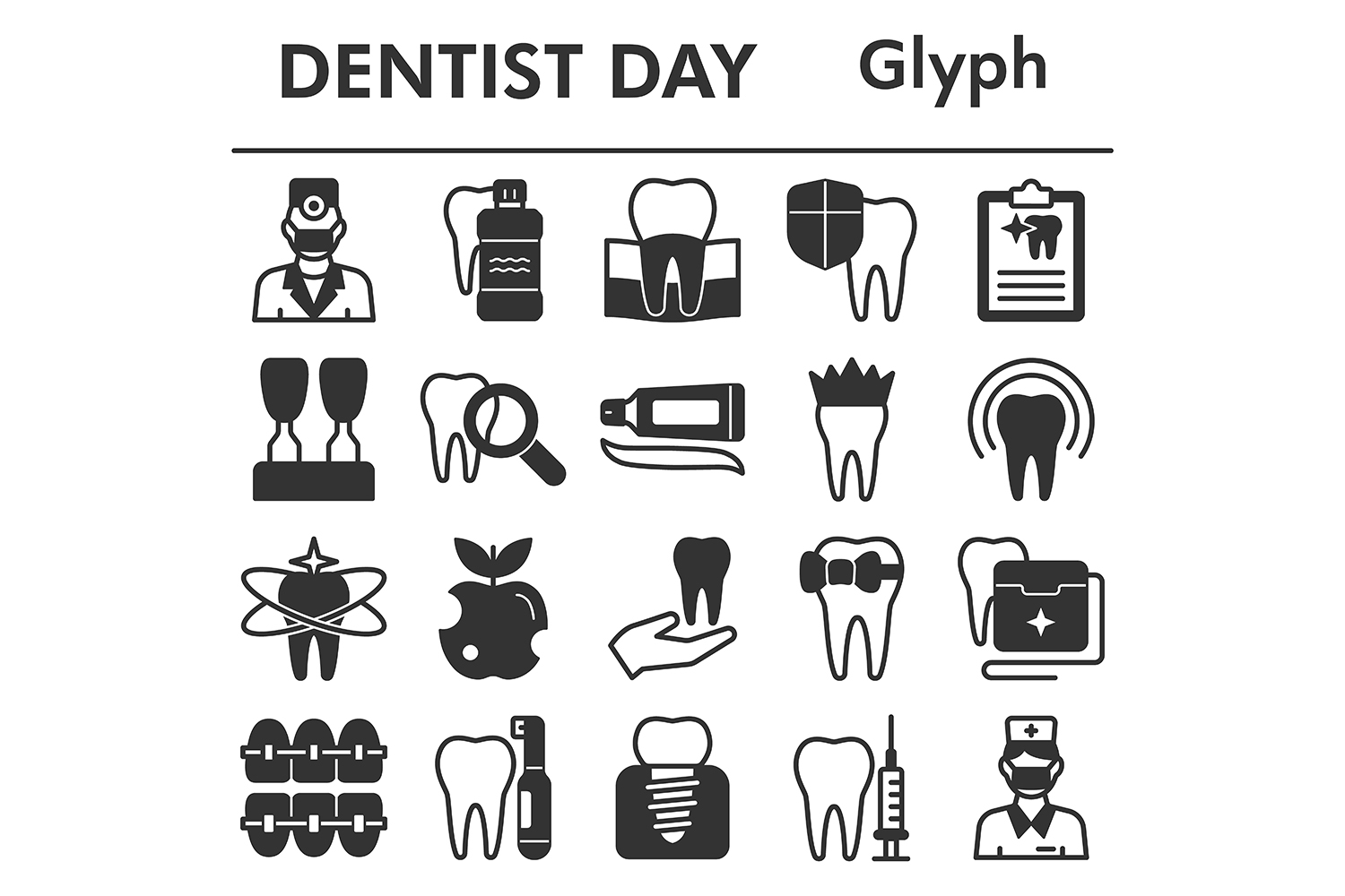 Dentist Day icons set, glyph style pinterest preview image.