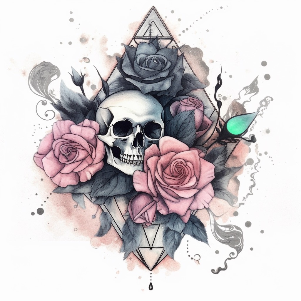Drawing of a skull and roses on a white background.