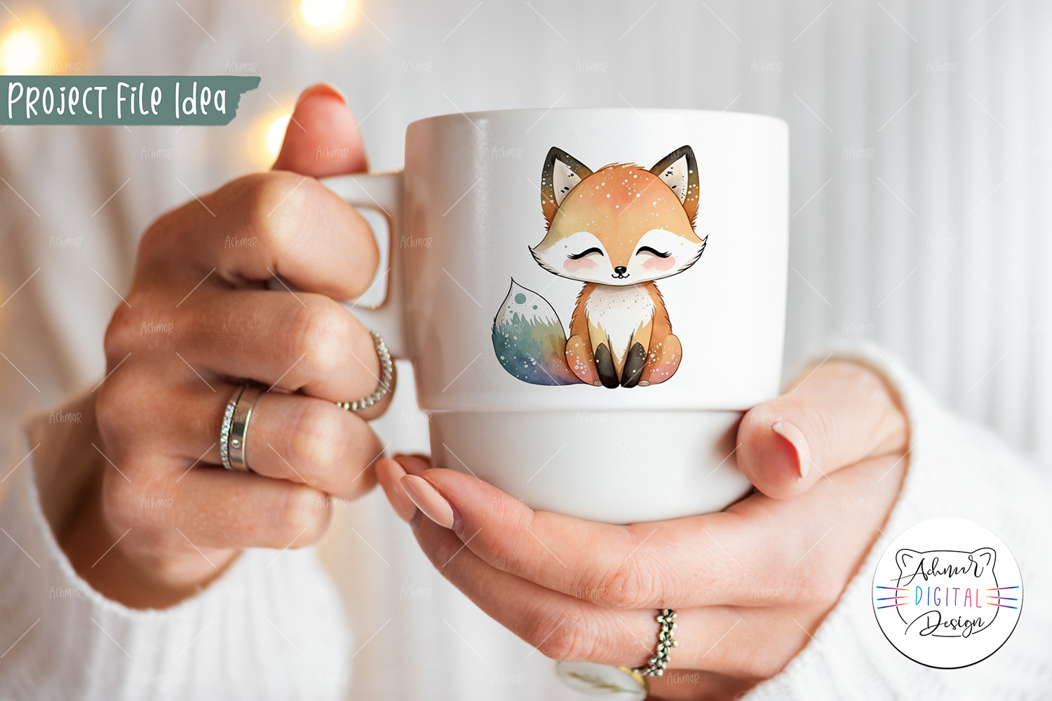 Woman holding a coffee mug with a fox on it.