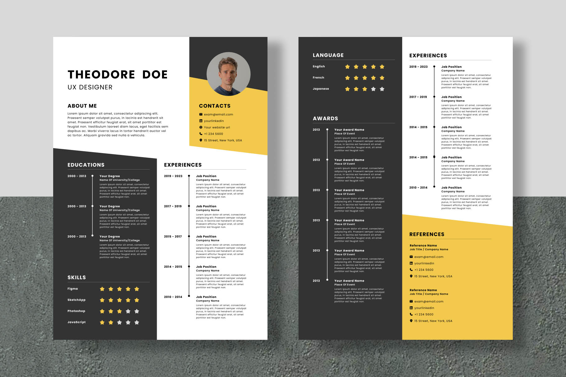 Professional resume template with yellow accents.