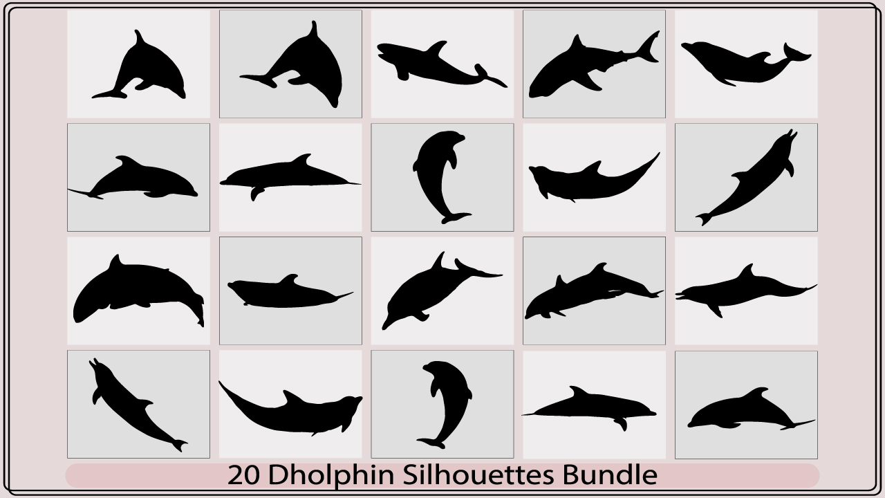 Collection of silhouettes of different types of dolphins.