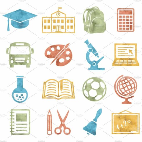 School and Education Icons Watercolor style cover image.
