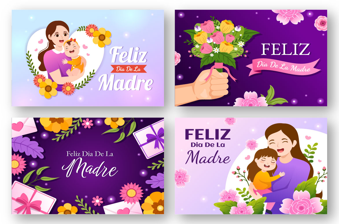 Set of four cards with a woman holding a baby.