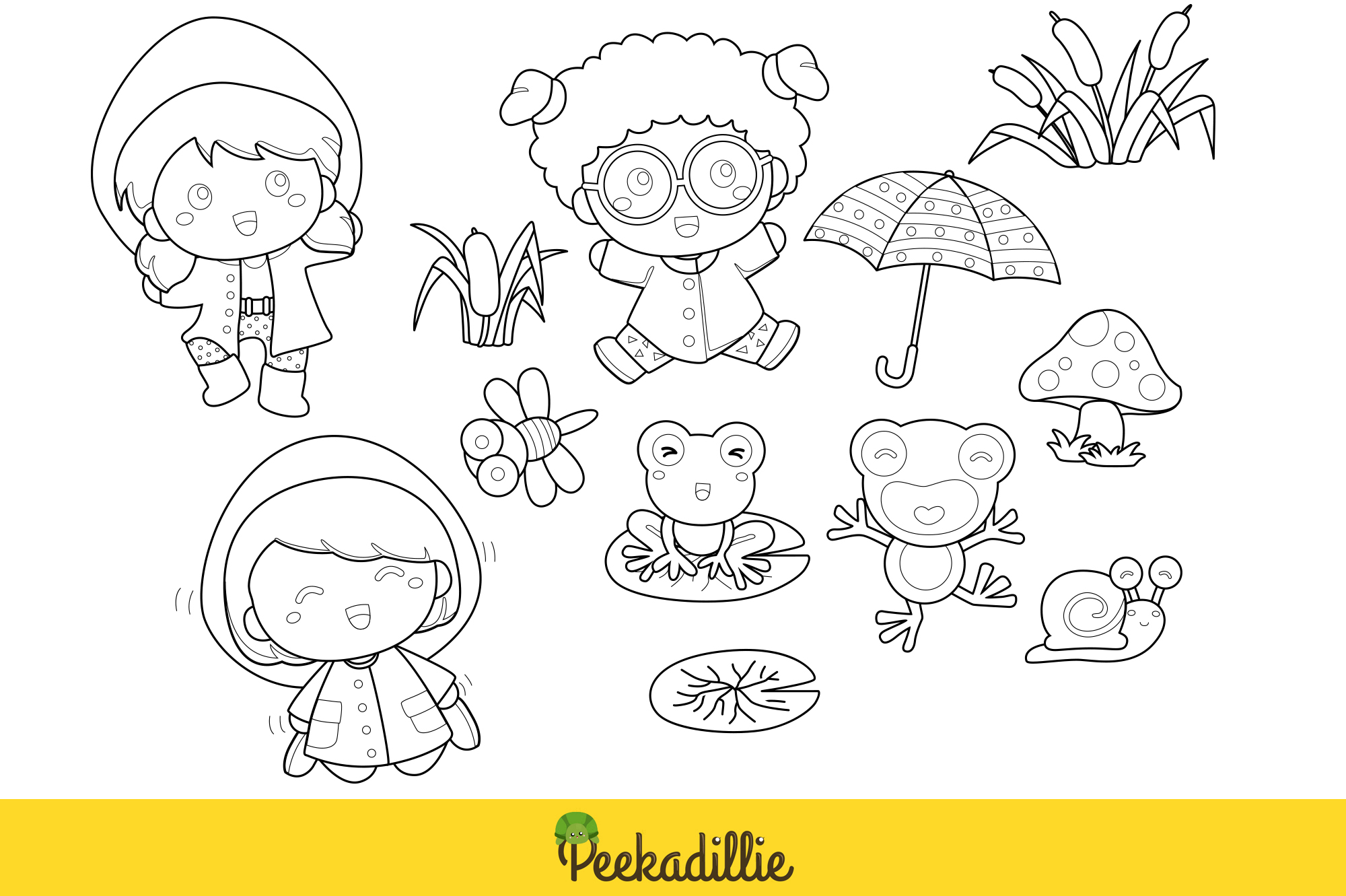 Coloring page with a girl and boy in the rain.