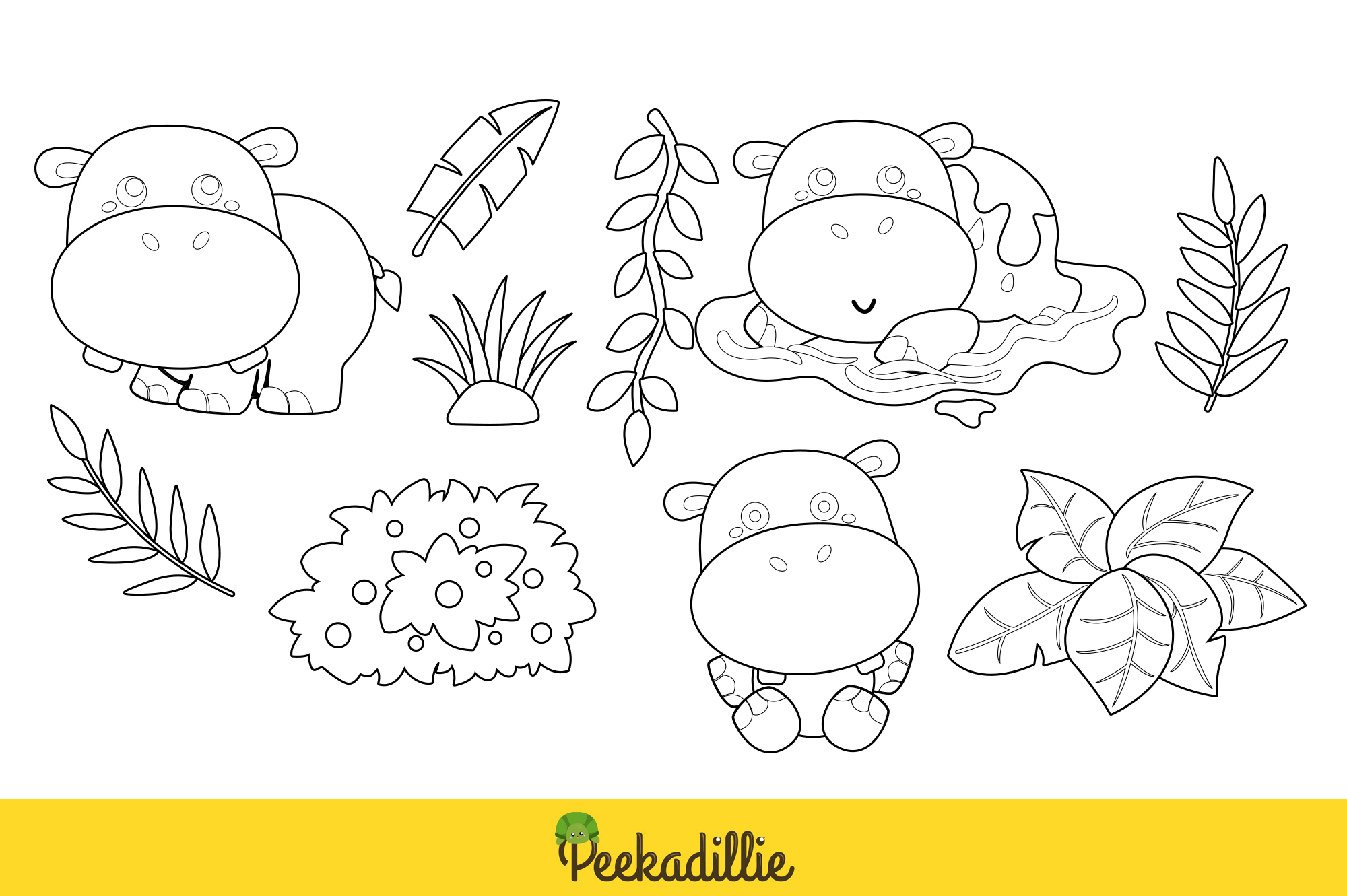 Coloring page with different animals and plants.