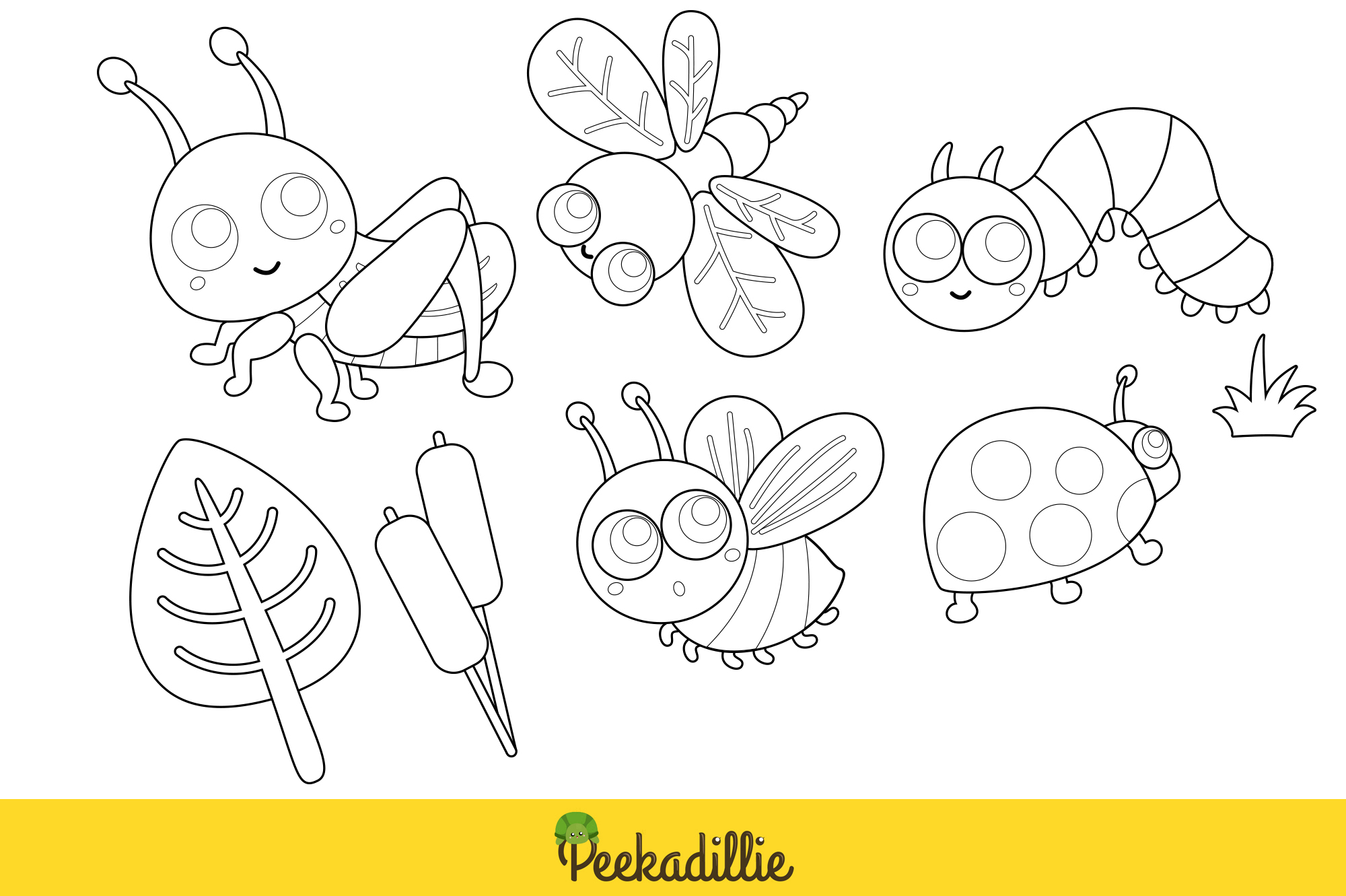 Coloring page with four bugs and a leaf.