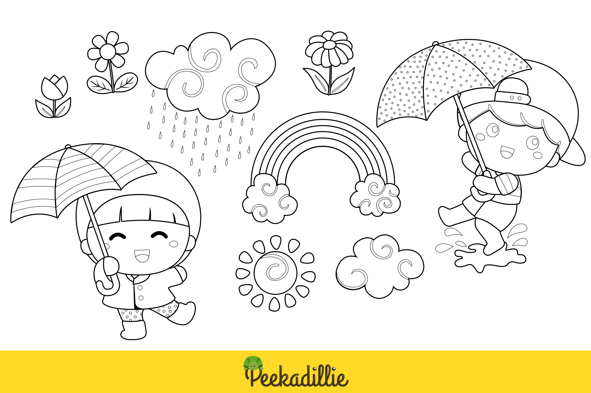 Coloring page with a girl holding an umbrella.