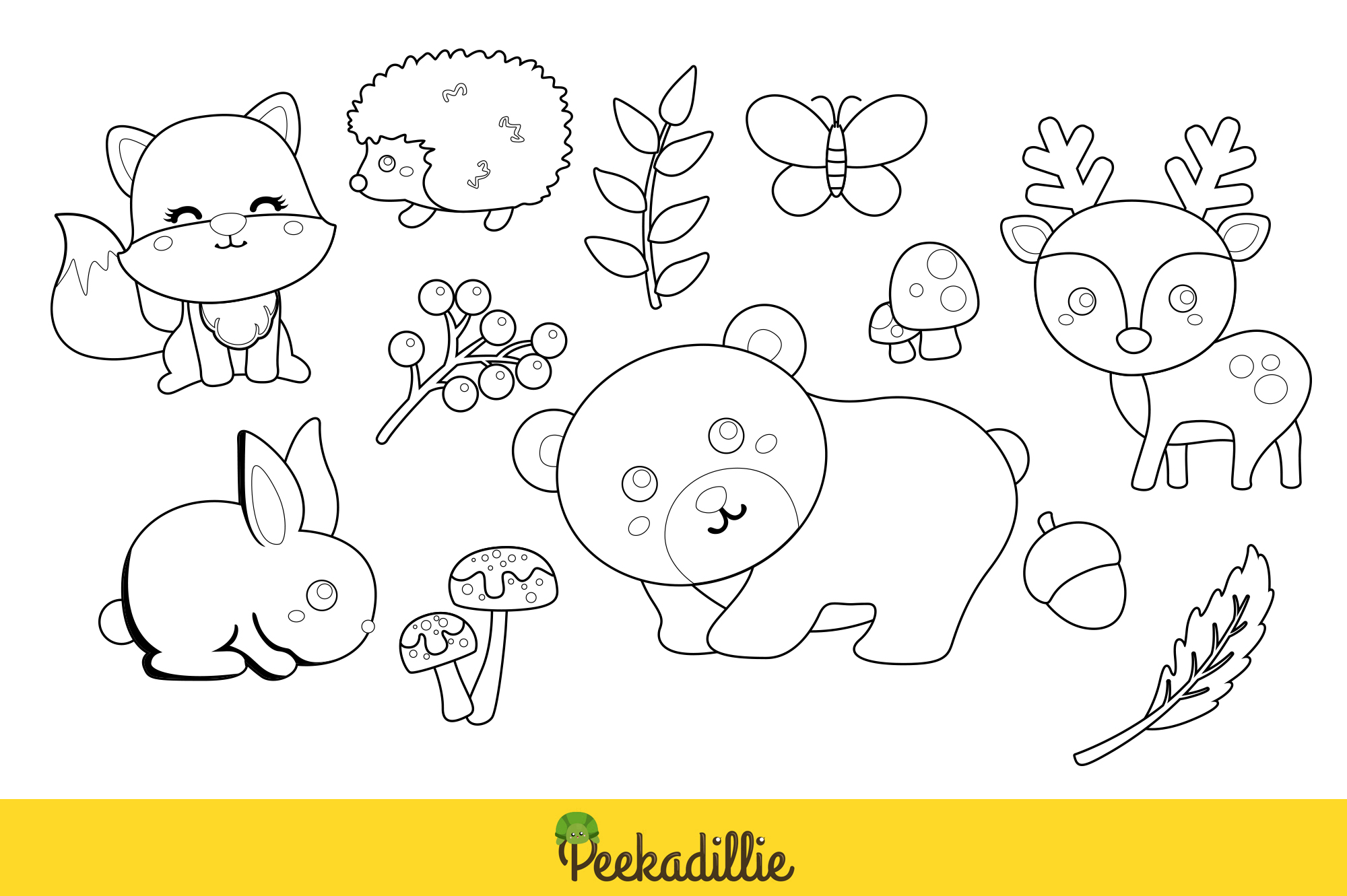 Coloring page with animals and plants.