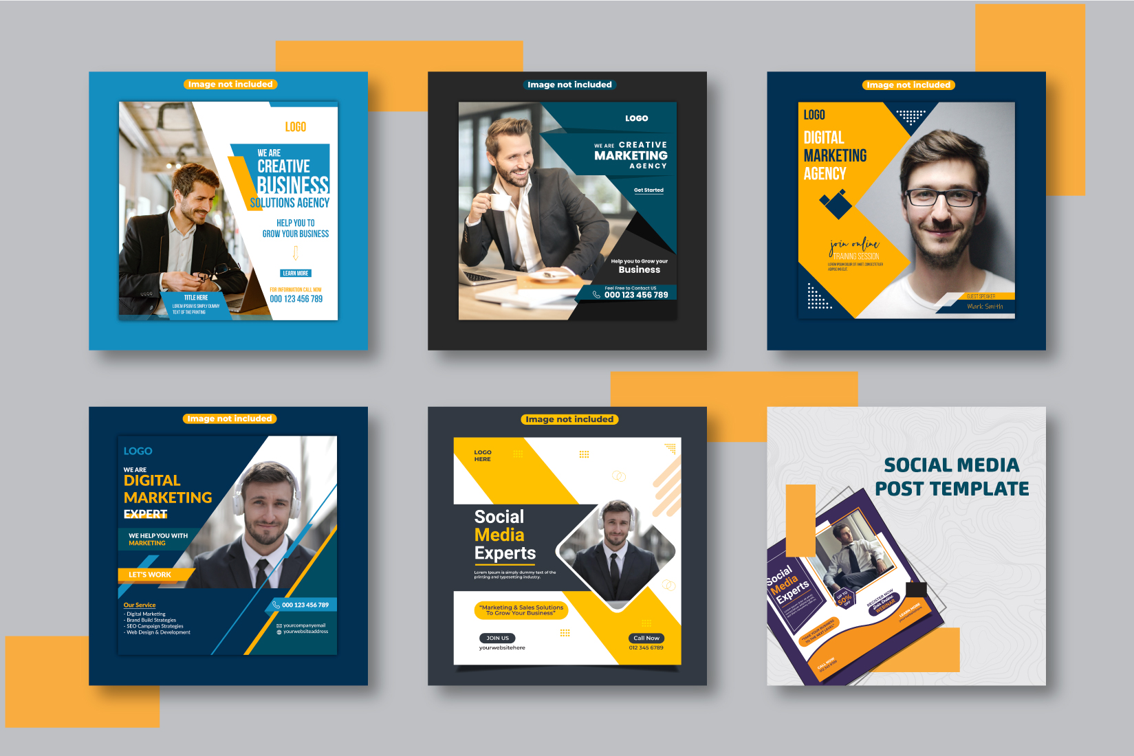 Series of brochures with a man in a suit.