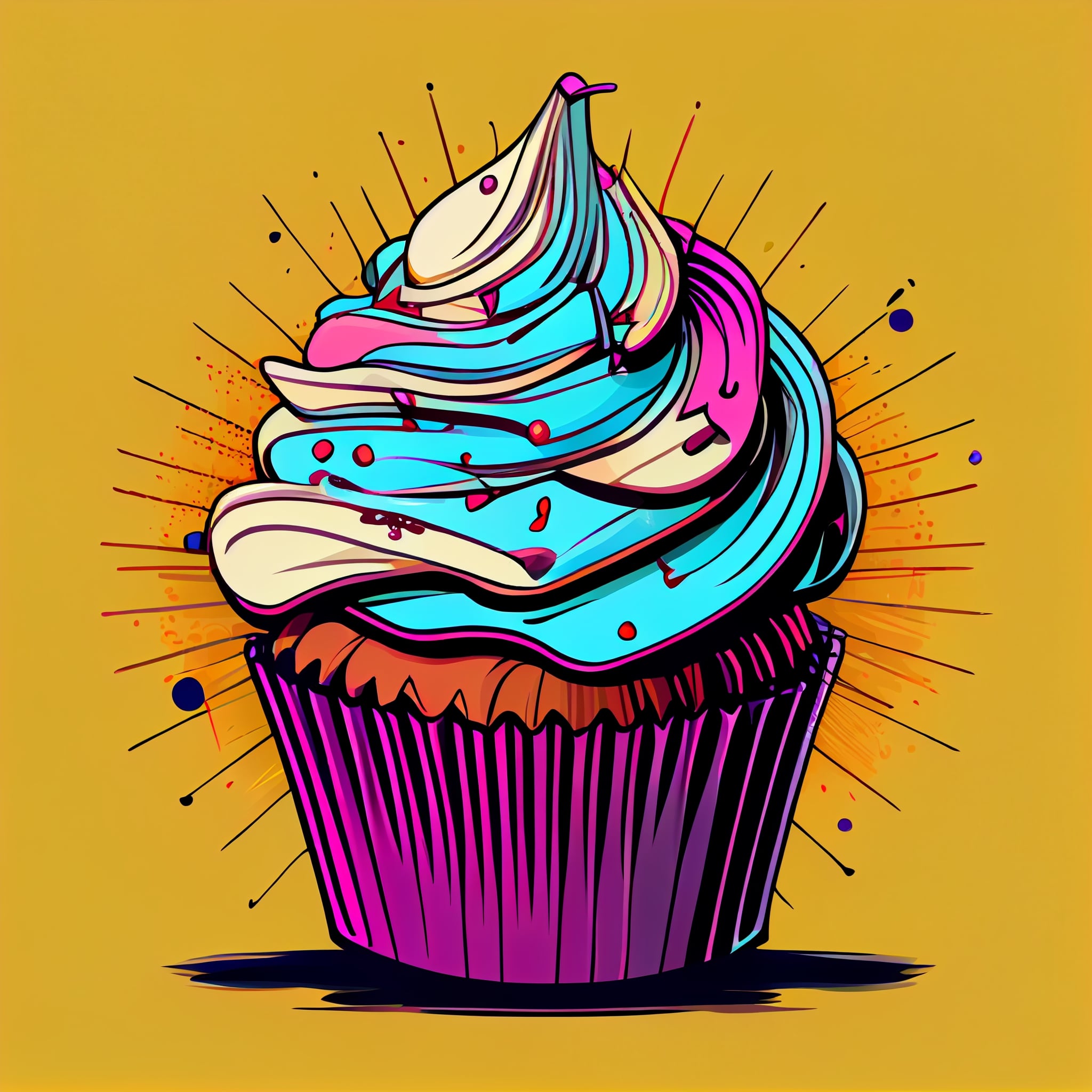 Cupcake with blue frosting and sprinkles on a yellow background.