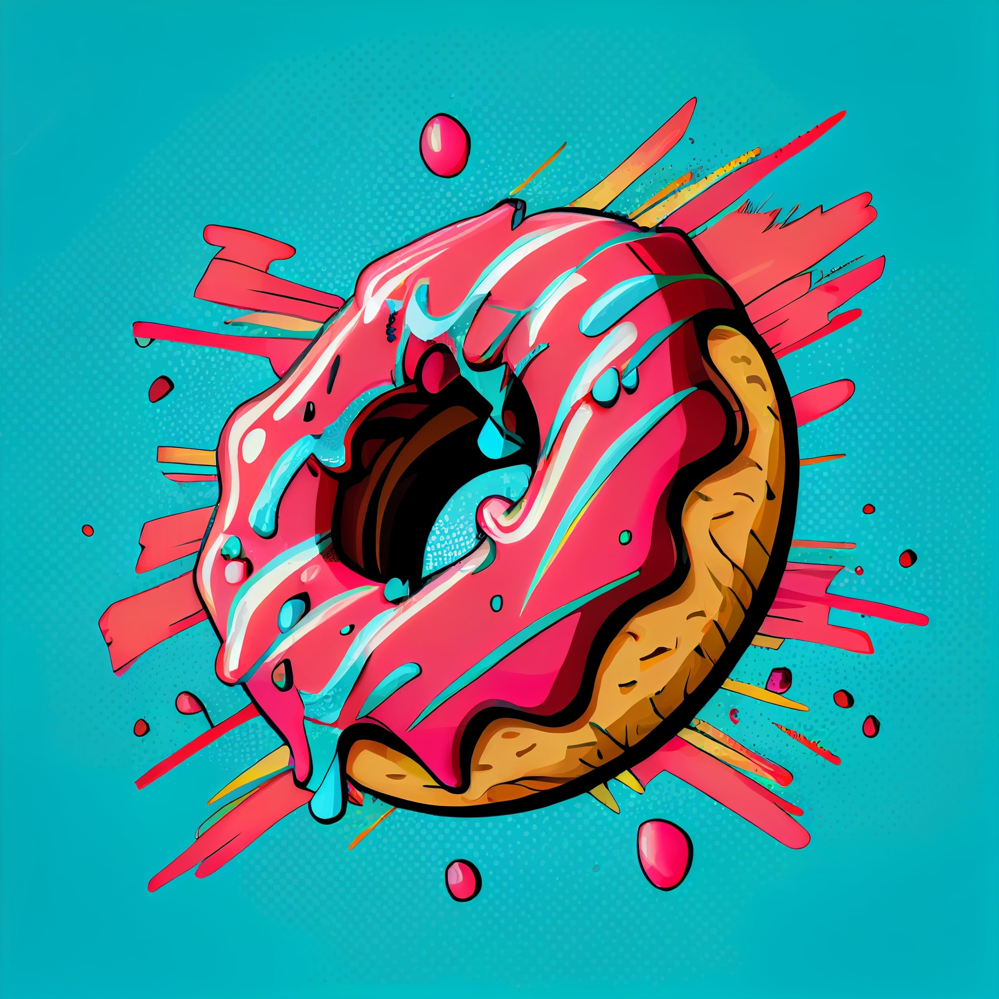 Donut with pink icing and sprinkles on a blue background.
