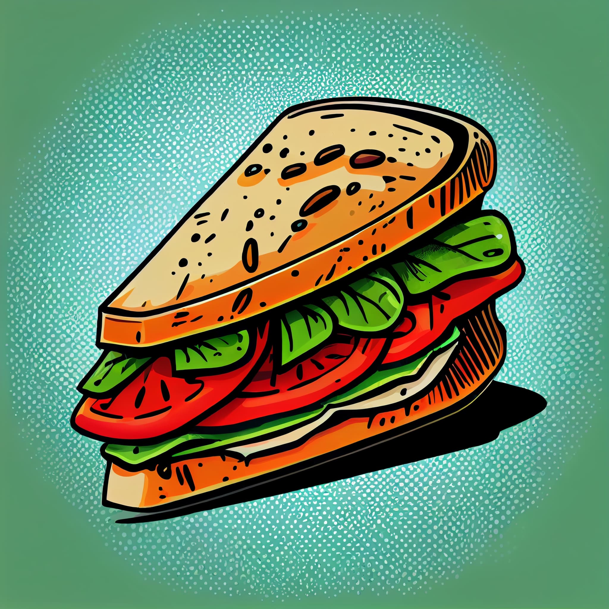 Drawing of a sandwich with lettuce and tomato slices.
