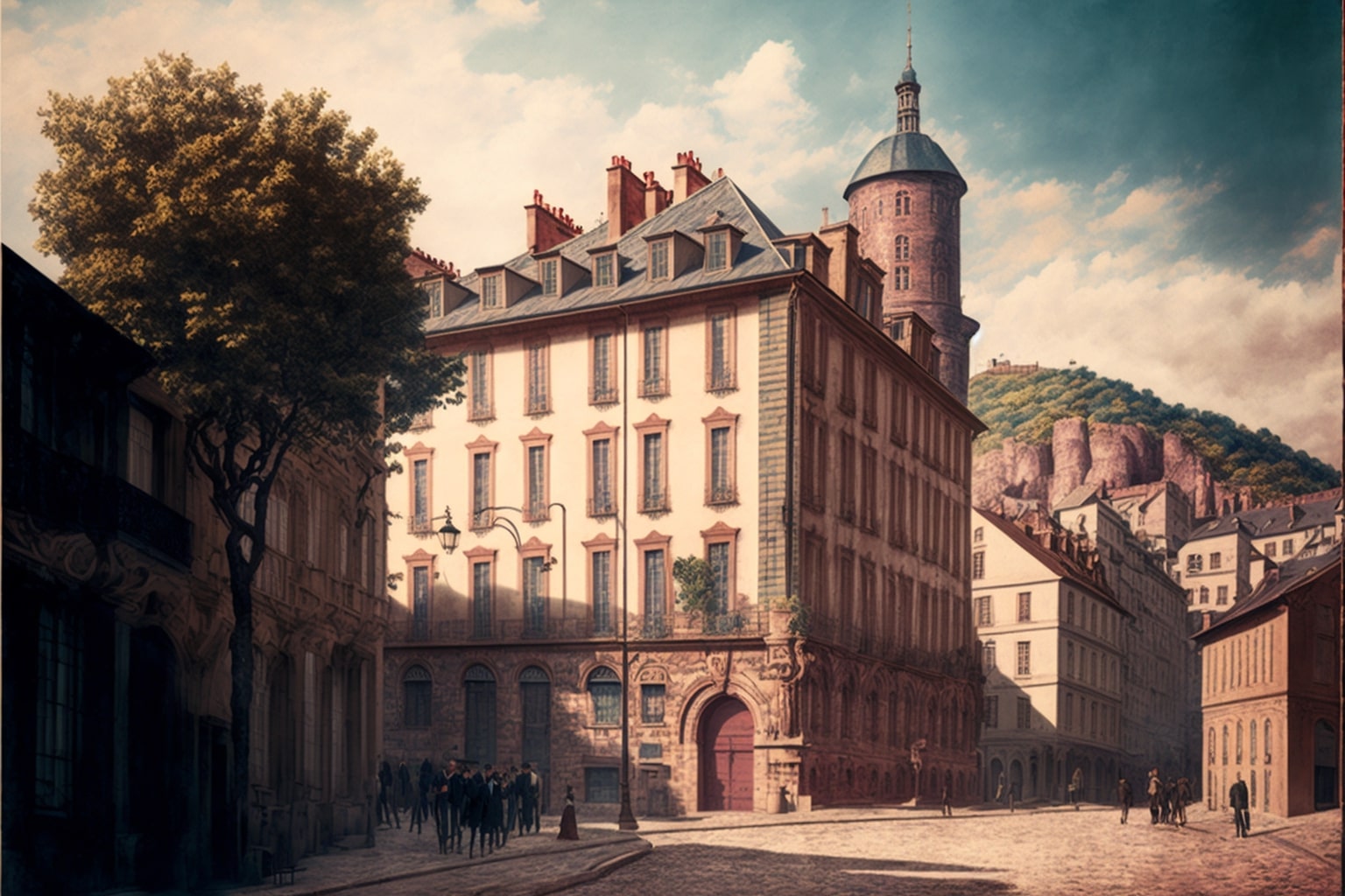 Painting of a street with a building in the background.