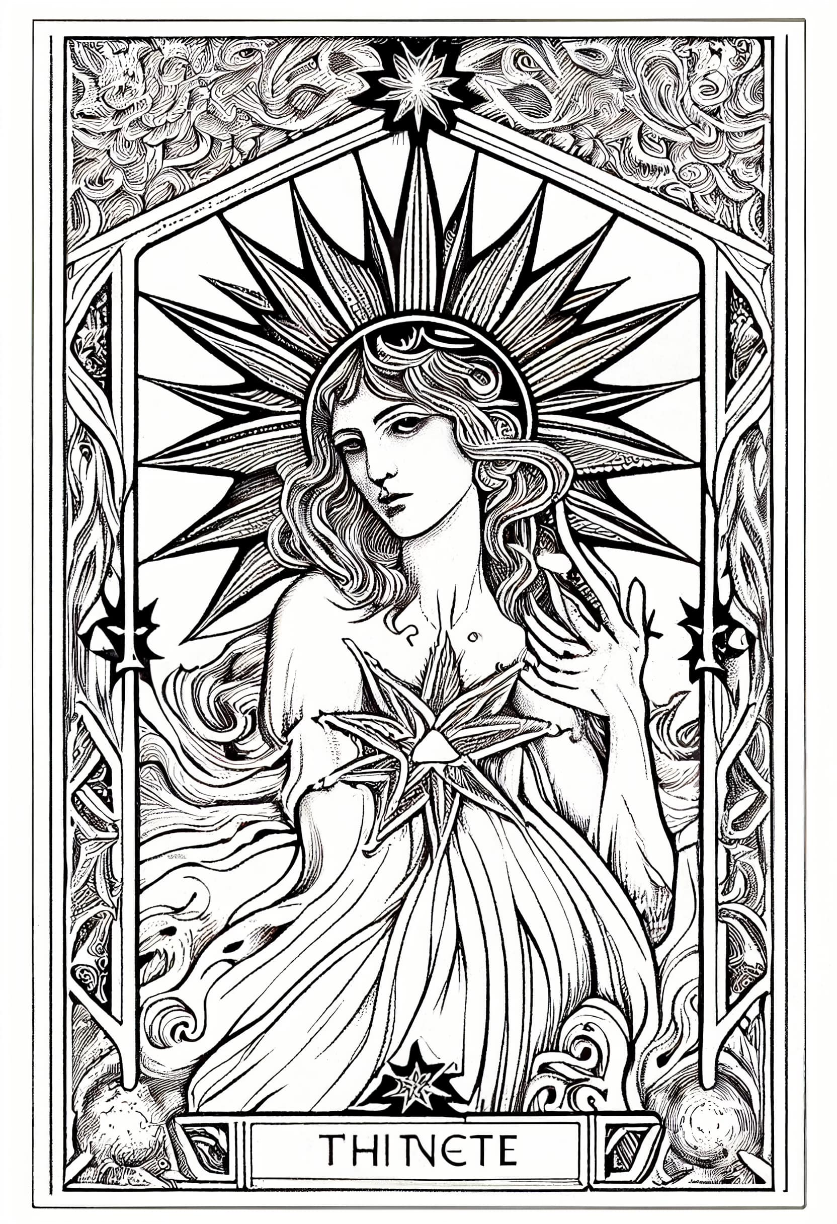 Black and white drawing of a woman holding a star.
