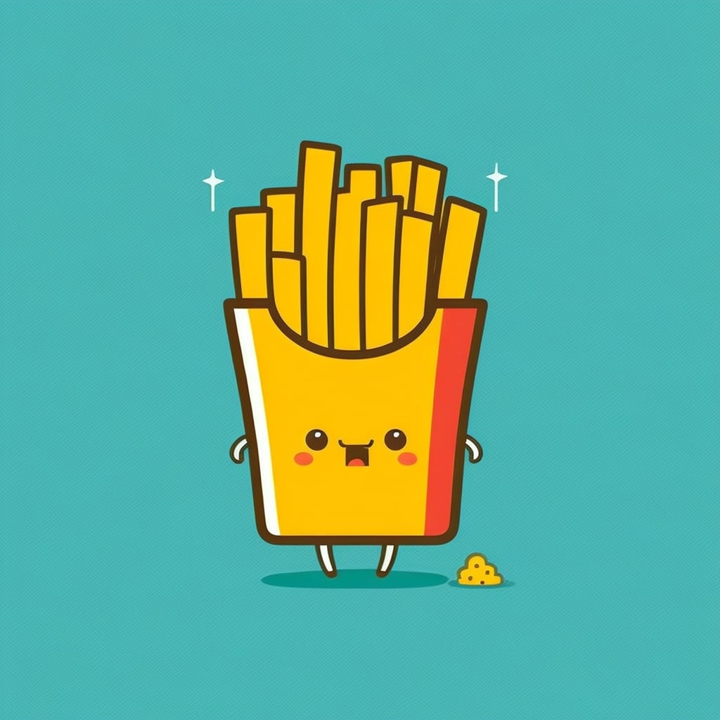 Cartoon french fries character with a sad face.
