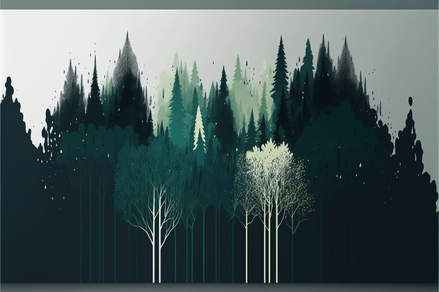 Painting of a forest filled with trees.