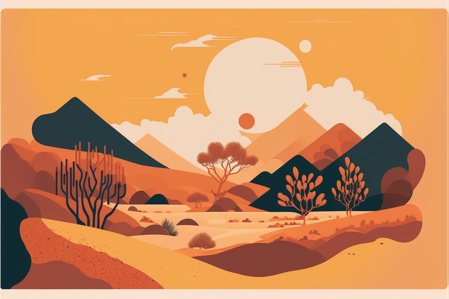 Desert scene with trees and mountains in the background.