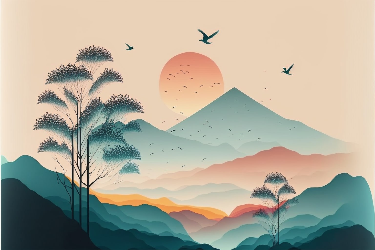 Painting of a mountain with birds flying over it by Petros Afshar.
