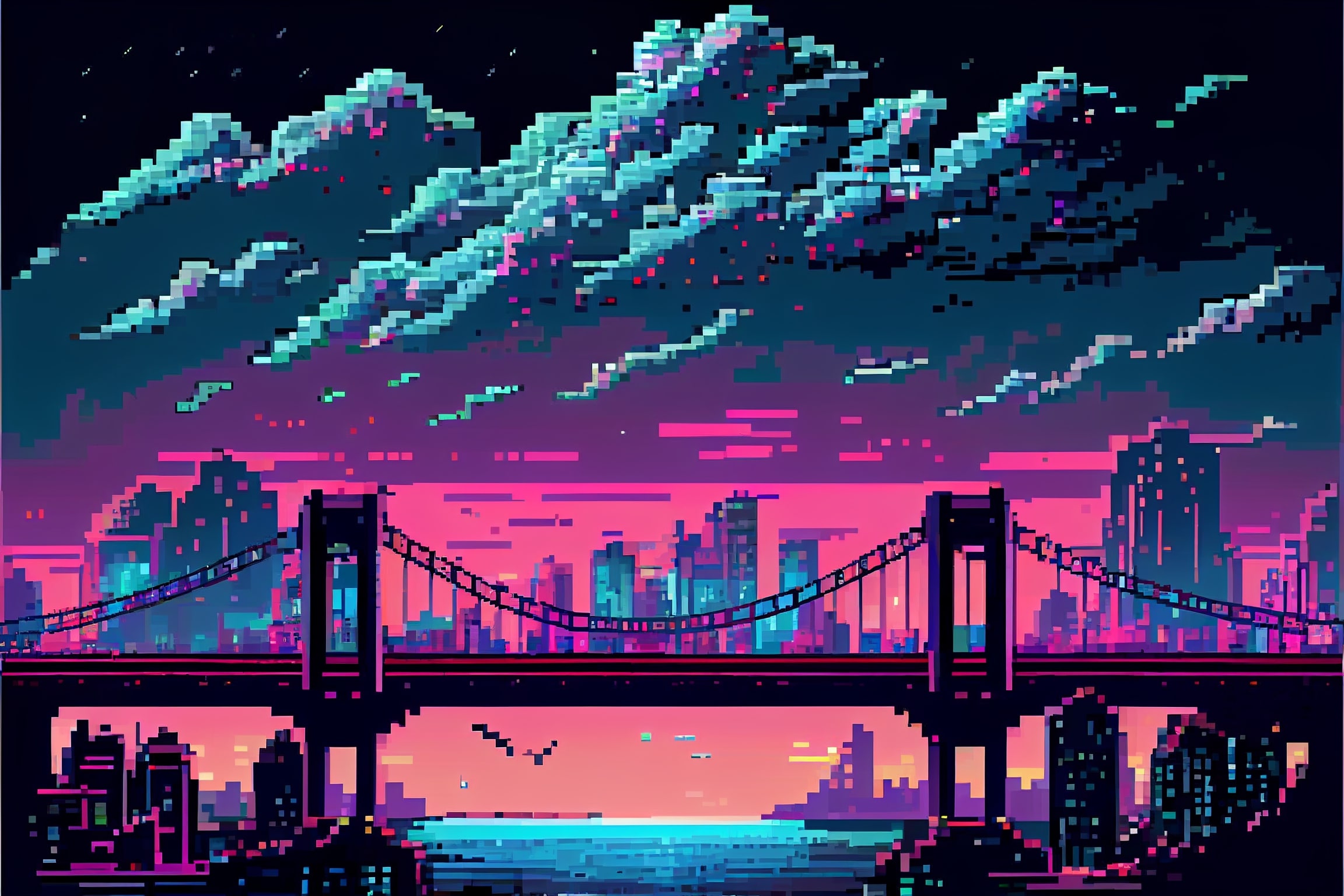 Pixel art picture of a bridge over a river.