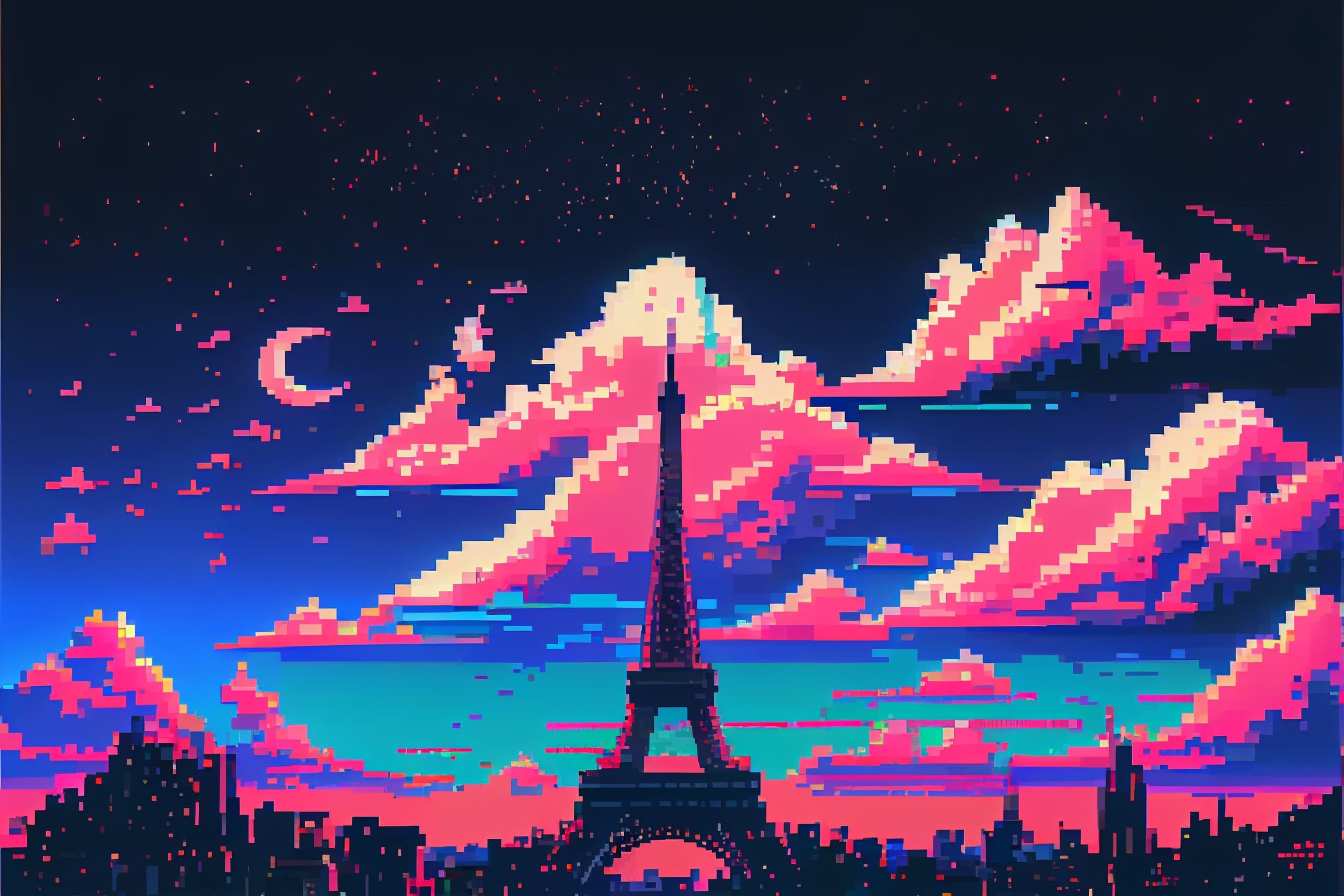 Pixel art picture of the eiffel tower.