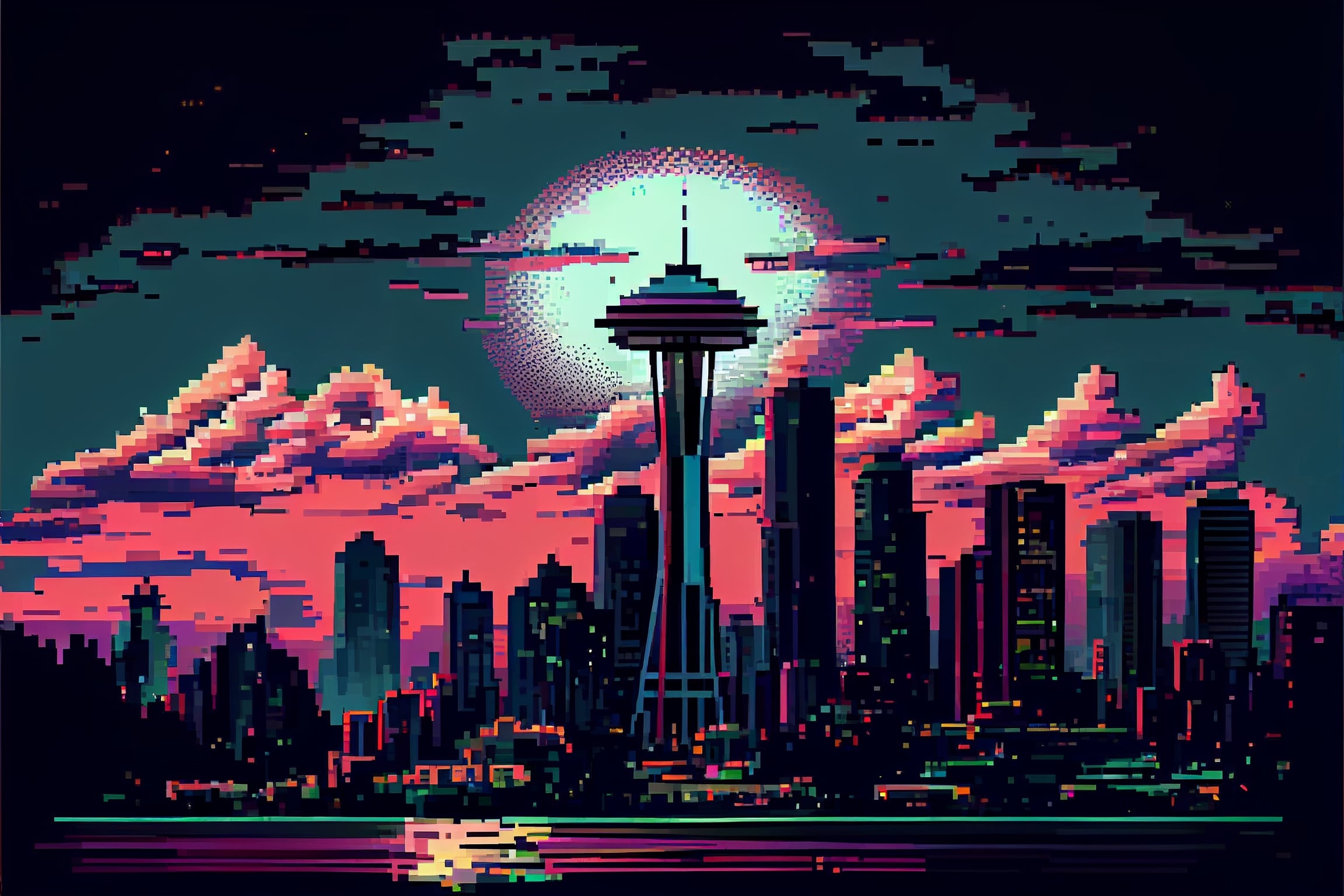 Pixel art picture of a city skyline.