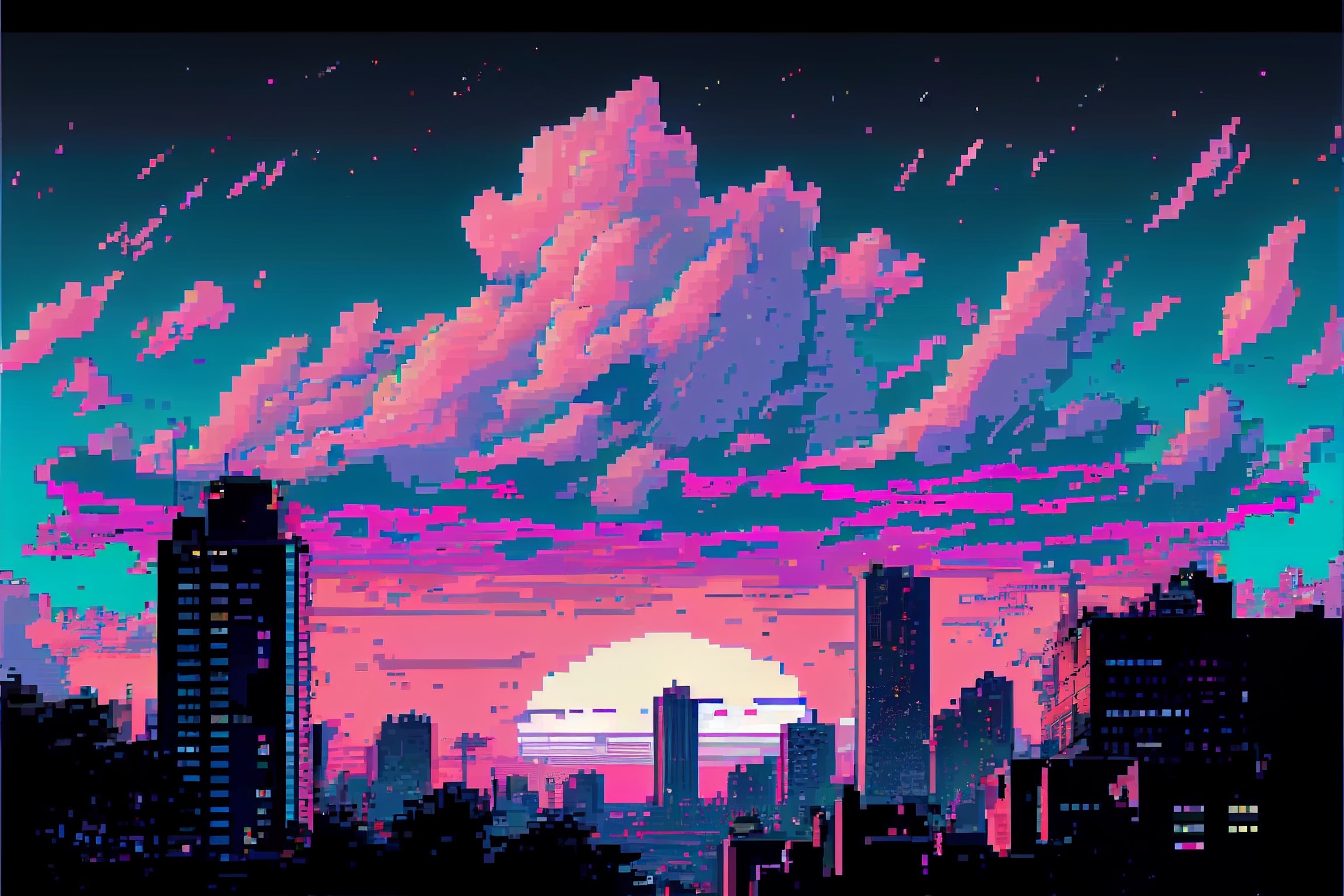 Pixel art picture of a city at sunset.