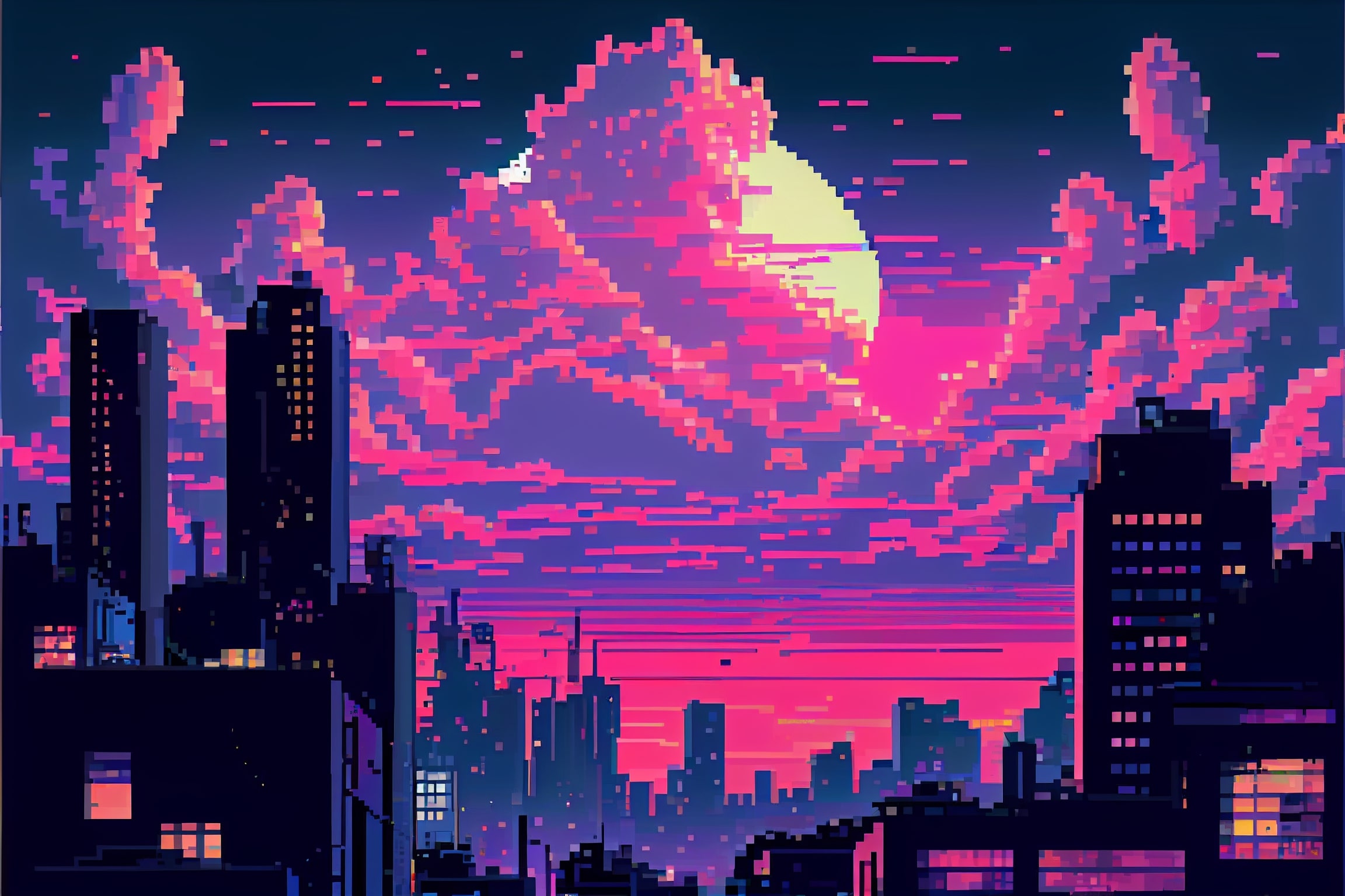 Pixel art picture of a city at night.