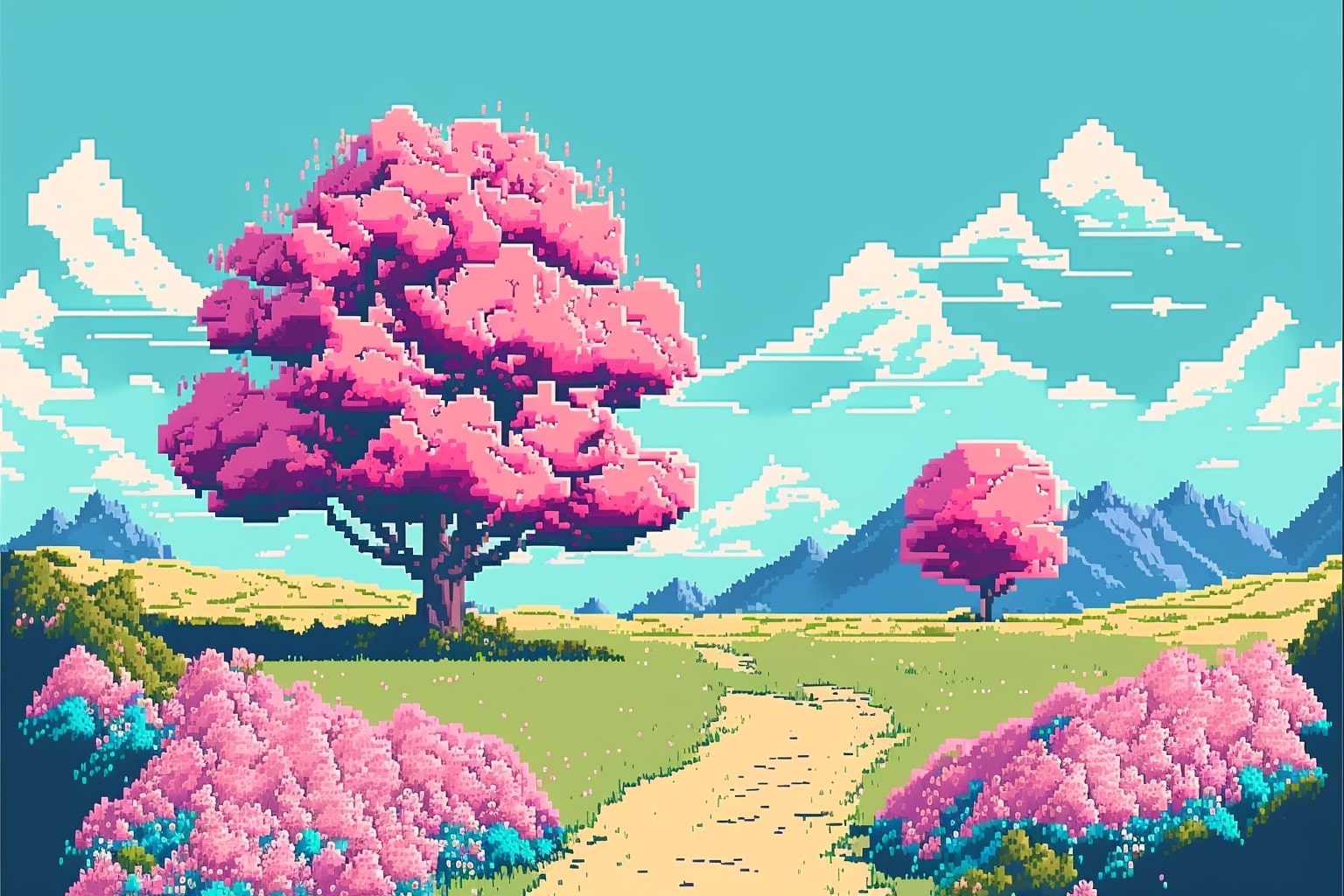 Pixel art picture of a pink tree in the middle of a field.