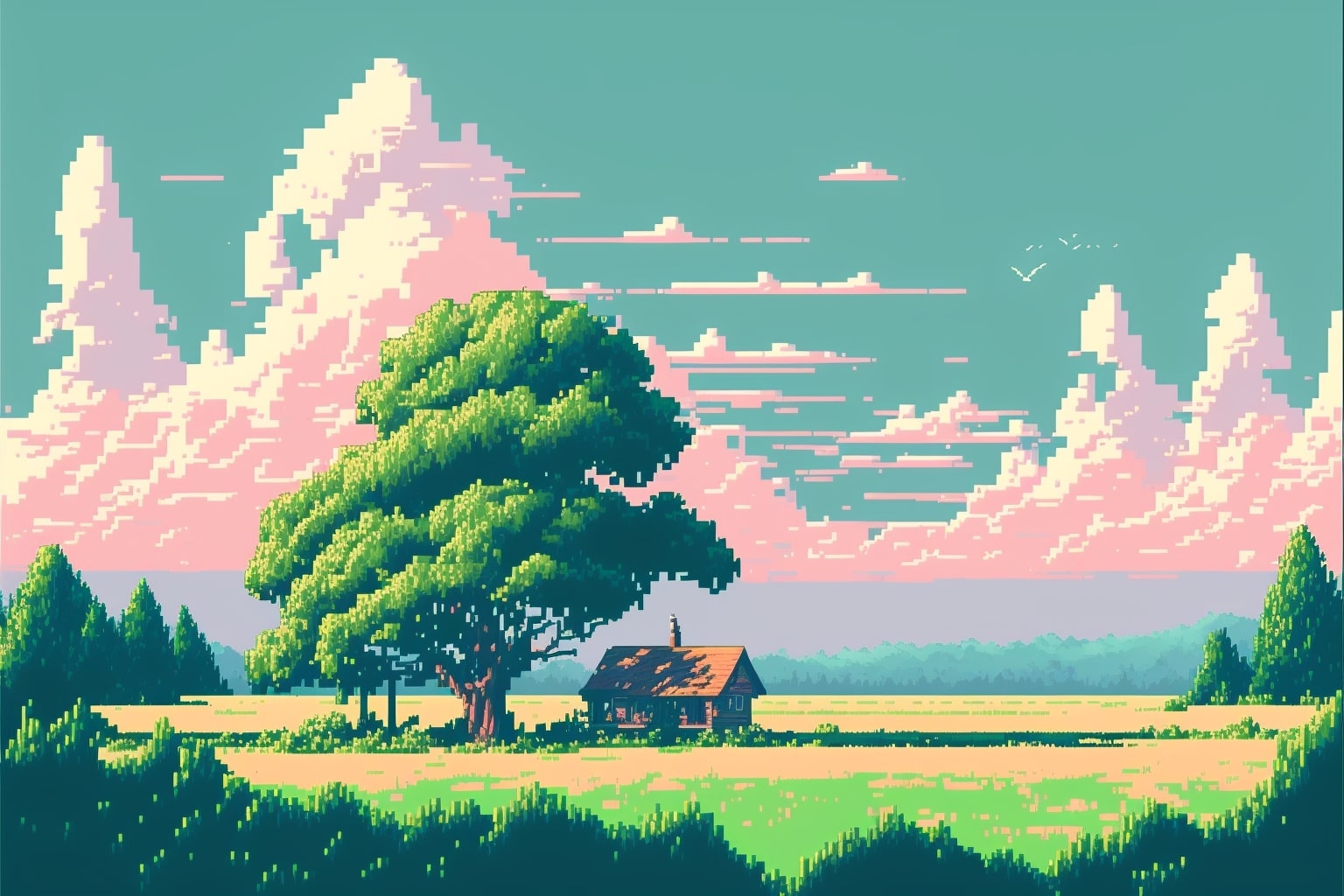 Pixelated landscape with a house and a tree.