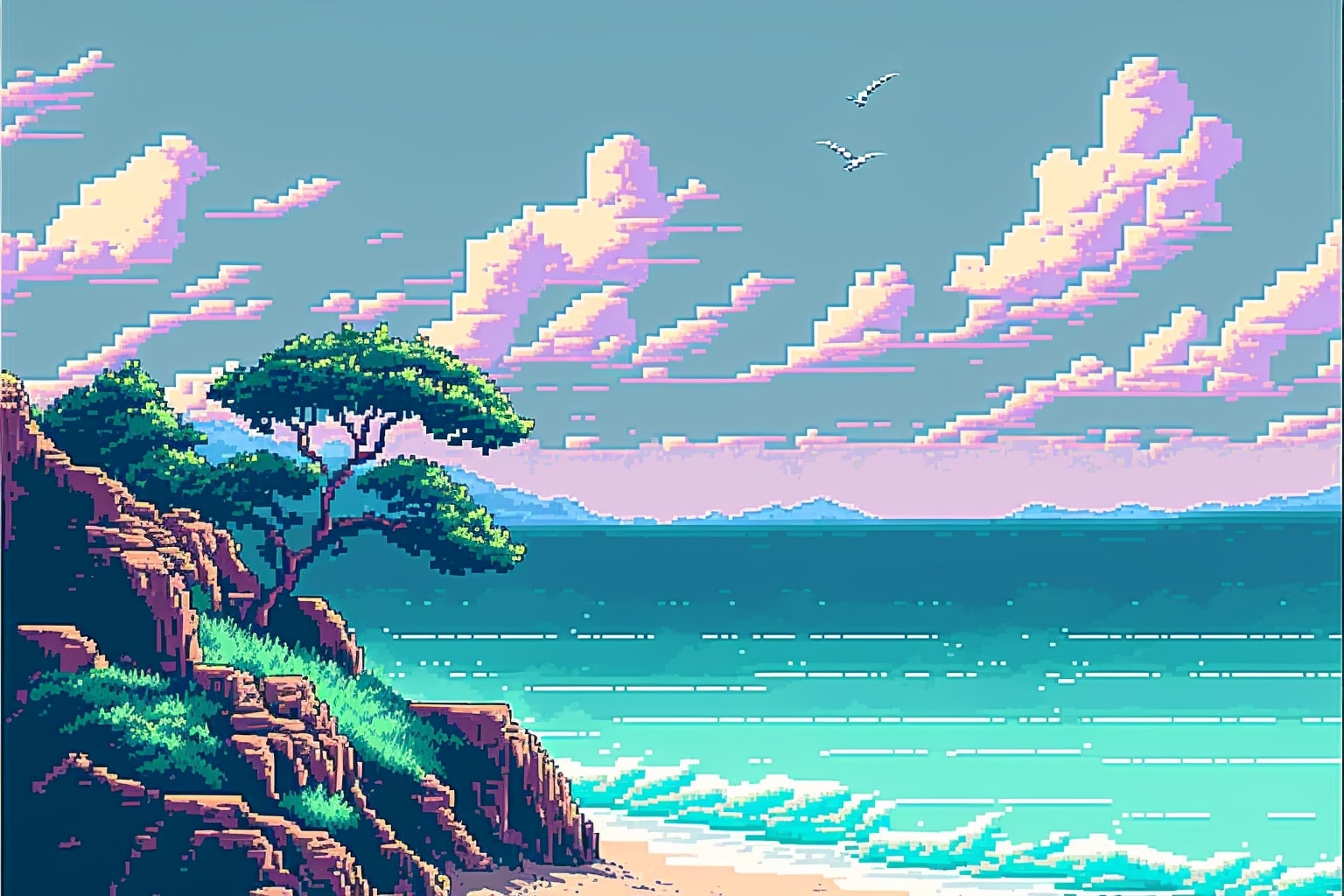 Pixellated picture of a beach with a tree on it.