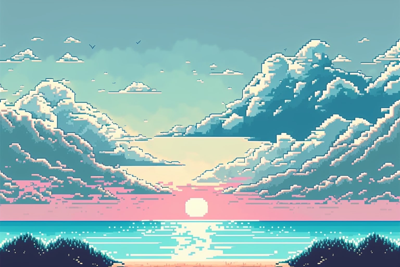Pixel art picture of the sun setting over the ocean.