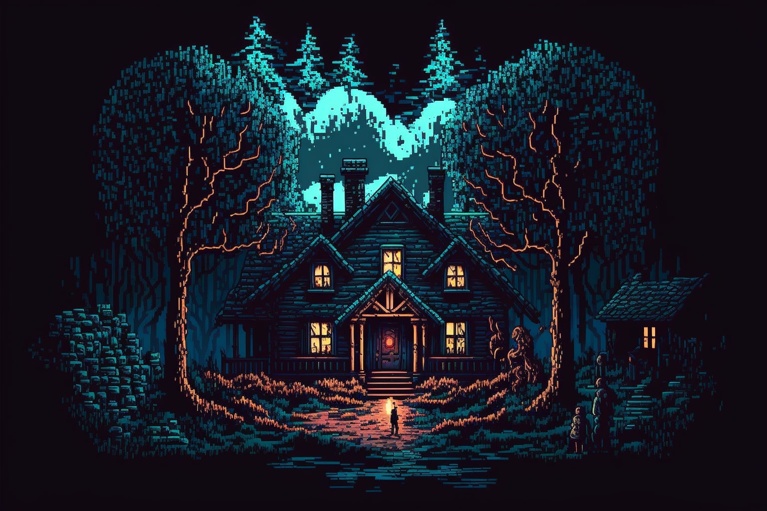 Pixel art picture of a house in the woods.