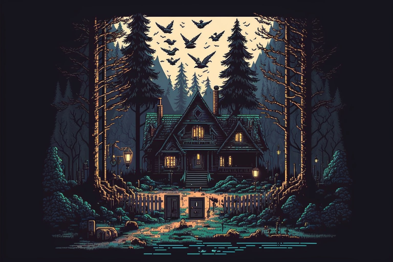 House in the woods with bats flying over it.