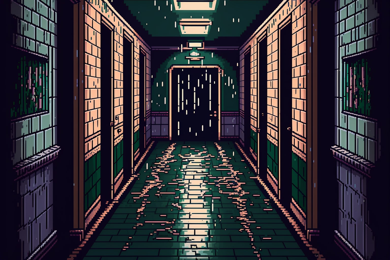 Pixel art picture of a long hallway.